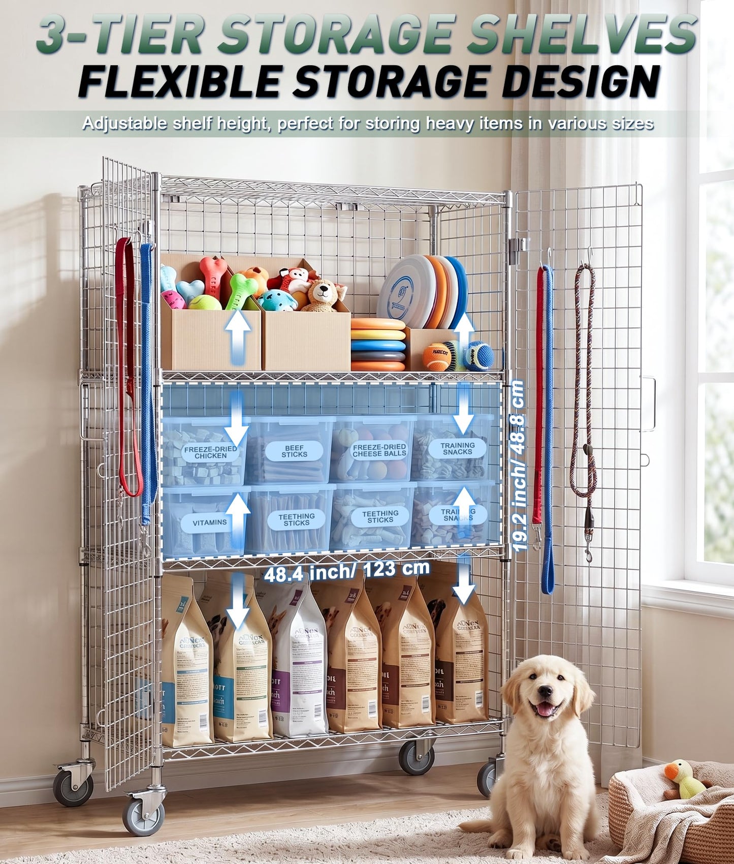RALOZZD 3 Tier Commercial Grade NSF Solid Steel Wire Mesh Rack Storage Unit, Mobile Security Cage Kit with Lock, 24'' x 48'' x 71'', Organizer for Garage, Warehouse, Restaurant (48''L x 24''W x 71''H)