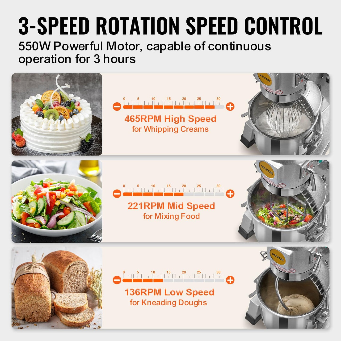 VEVOR Commercial Mixer, Commercial Food Mixer 10Qt Stainless Steel Bowl, 450W Commercial Stand Mixer with 3 Speeds Adjustable, Dough Hook Whisk Beater Included, Perfect for Bakery Pizzeria, Silver