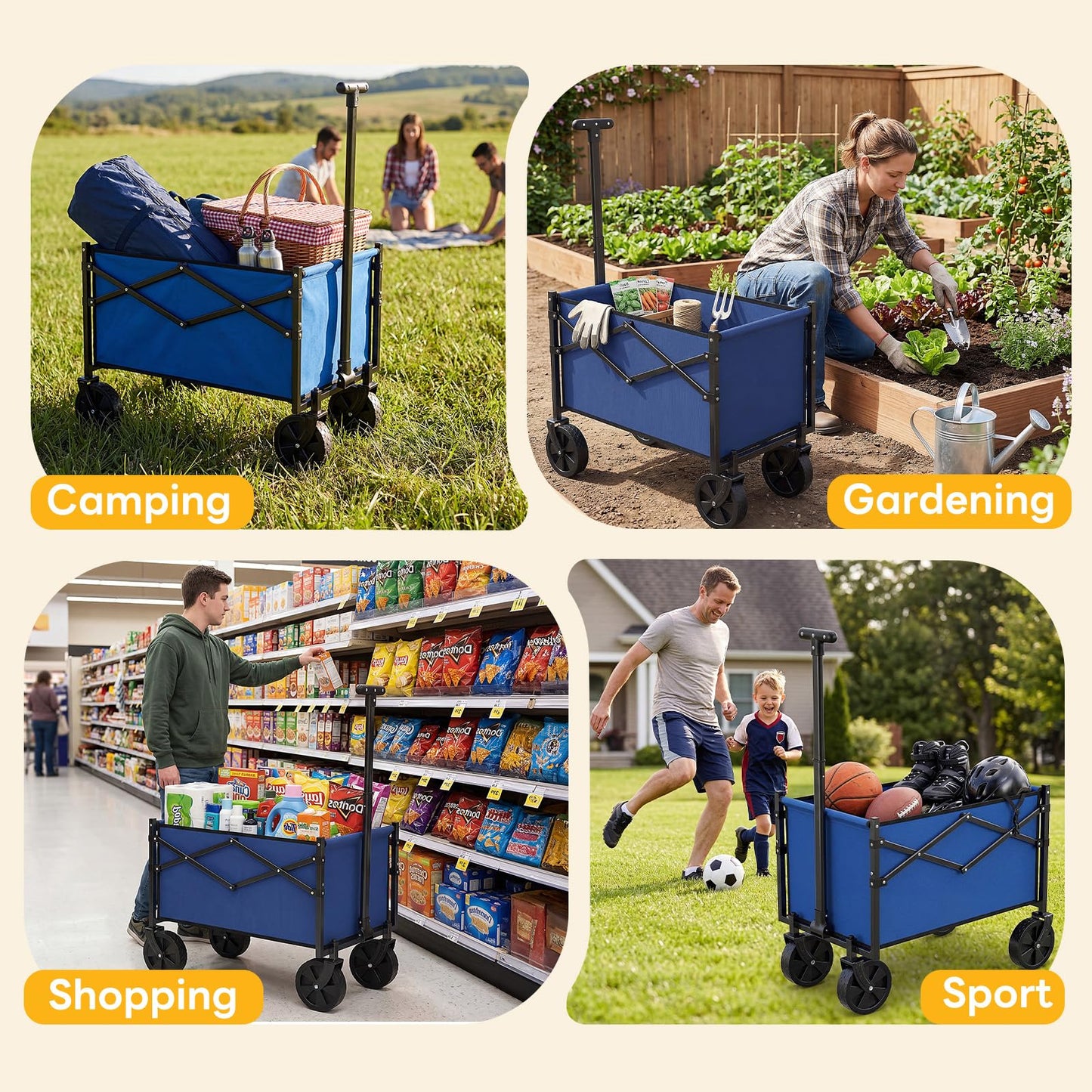 NEWBULIG Collapsible Wagon with All-Terrain Wheels, 220 LBS Folding Utility Cart, Lightweight & Heavy Duty Portable Wagon for Groceries, Beach, Camping & Garden, Blue