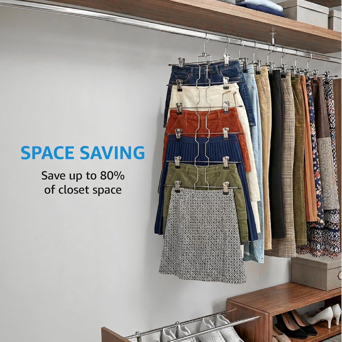 ZOBER 3-Pack Skirt Hangers with Clips - Space-Saving Closet Organizer with Swivel Hooks
