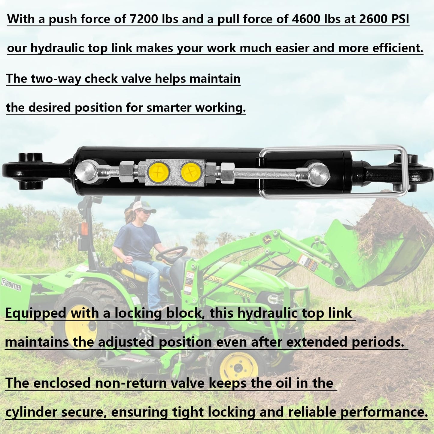 Hydraulic Top Link Cat. 1-1 18 1/8” – 26 3/8” with Locking Block and 2 x Hoses，SPH320032 for Tractor Excavators and Class 1& 2 Equipment