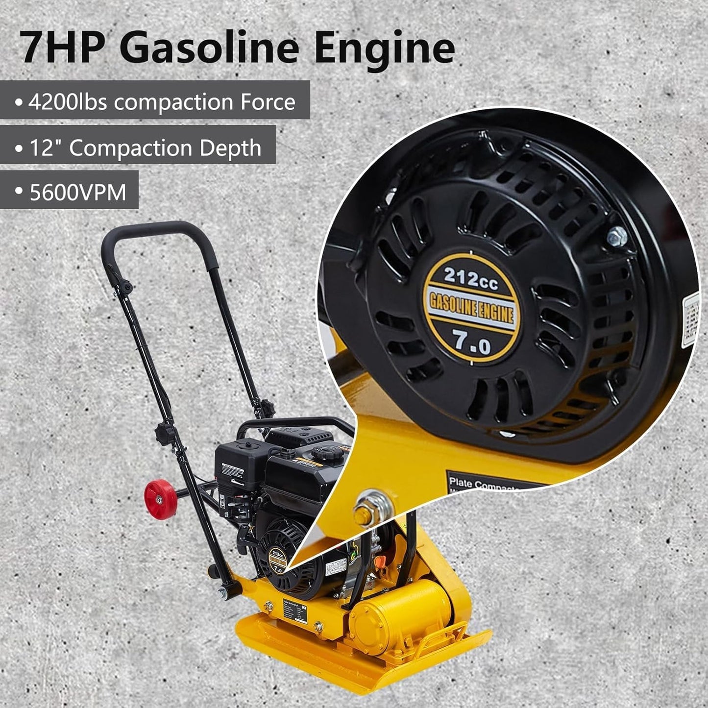 22.1X15.9" Plate Compactor, 7HP 212CC Engine, 5600 VPM, 4200Lbs Force Vibratory Compaction for Landscaping, Professional Ground Compactors for Soil Gravel Asphalt Compaction