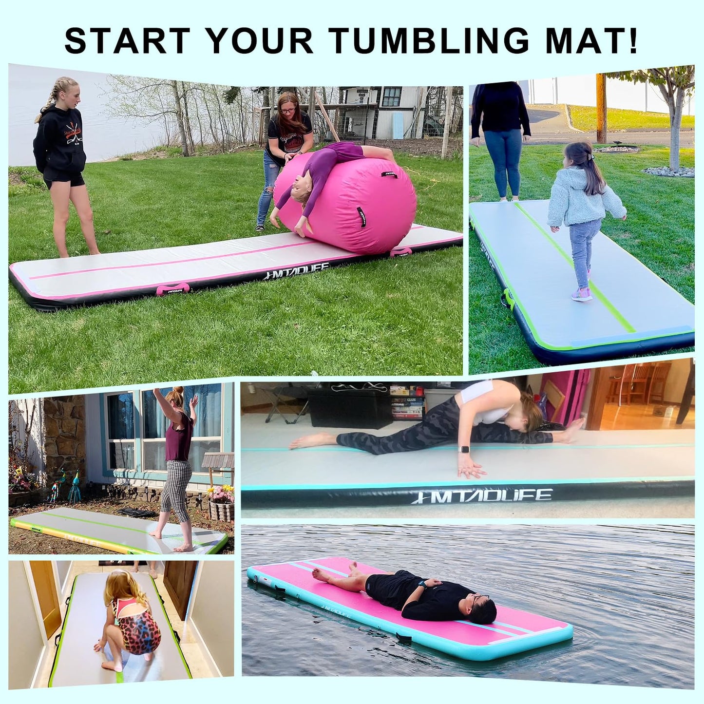 HMTAOLIFE Inflatable Air Gymnastics Mat Tumble Track, 6.6/10/13/16/20ft Tumbling Mat Air Tumbling Track, Air Training Mat with Air Pump for Home/Water Fun/Gym/Yoga/Training/Cheerleading