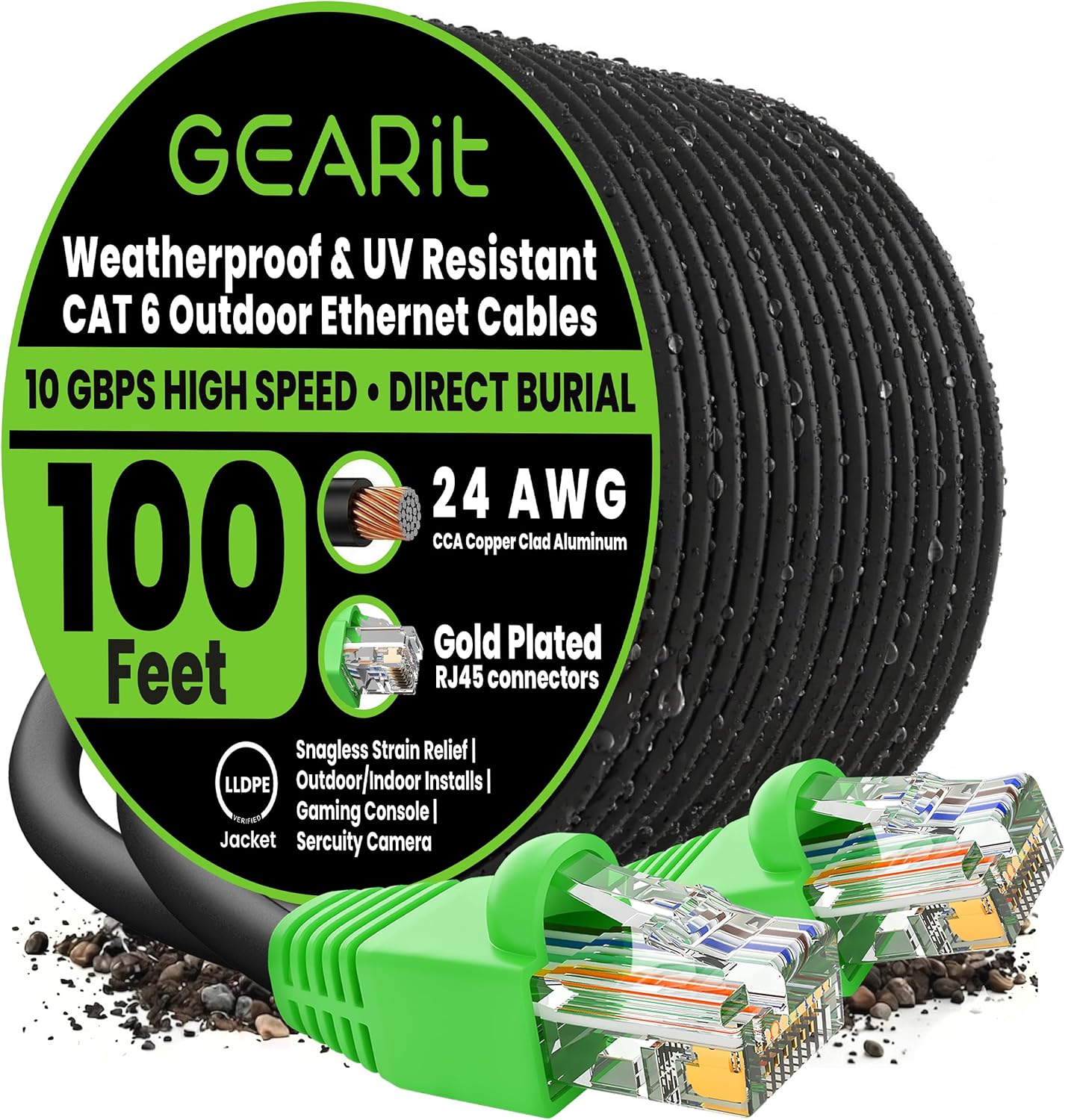 Cat6 100ft, 6 24AWG 10Gbps/550 RJ45 Black,100FT GEARit Ethernet Cable Direct Burial Outdoor Cat Cable High Speed Up