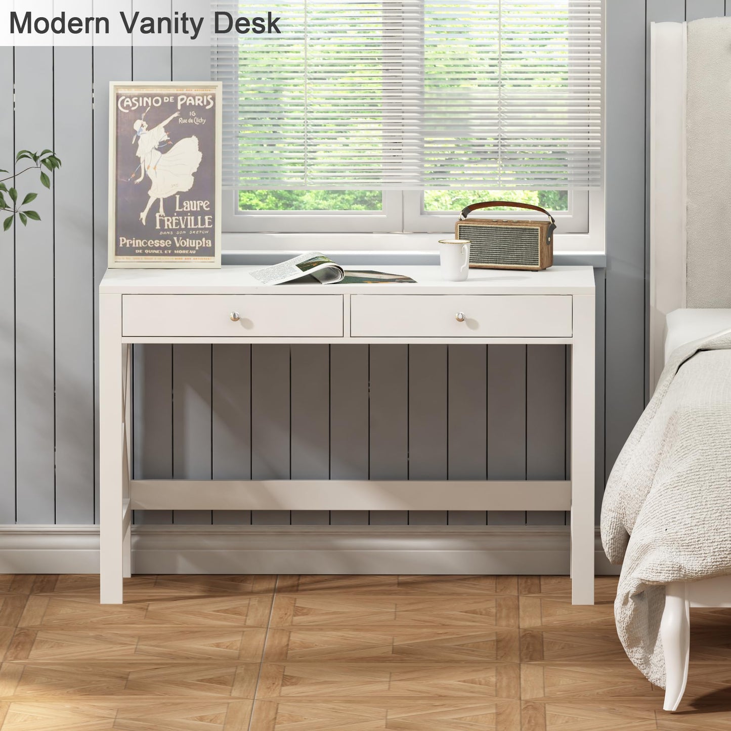 ChooChoo Computer Desk Study for Home Office, Modern Simple 40 Inches Desk with Drawers, Makeup Vanity Console Table, White