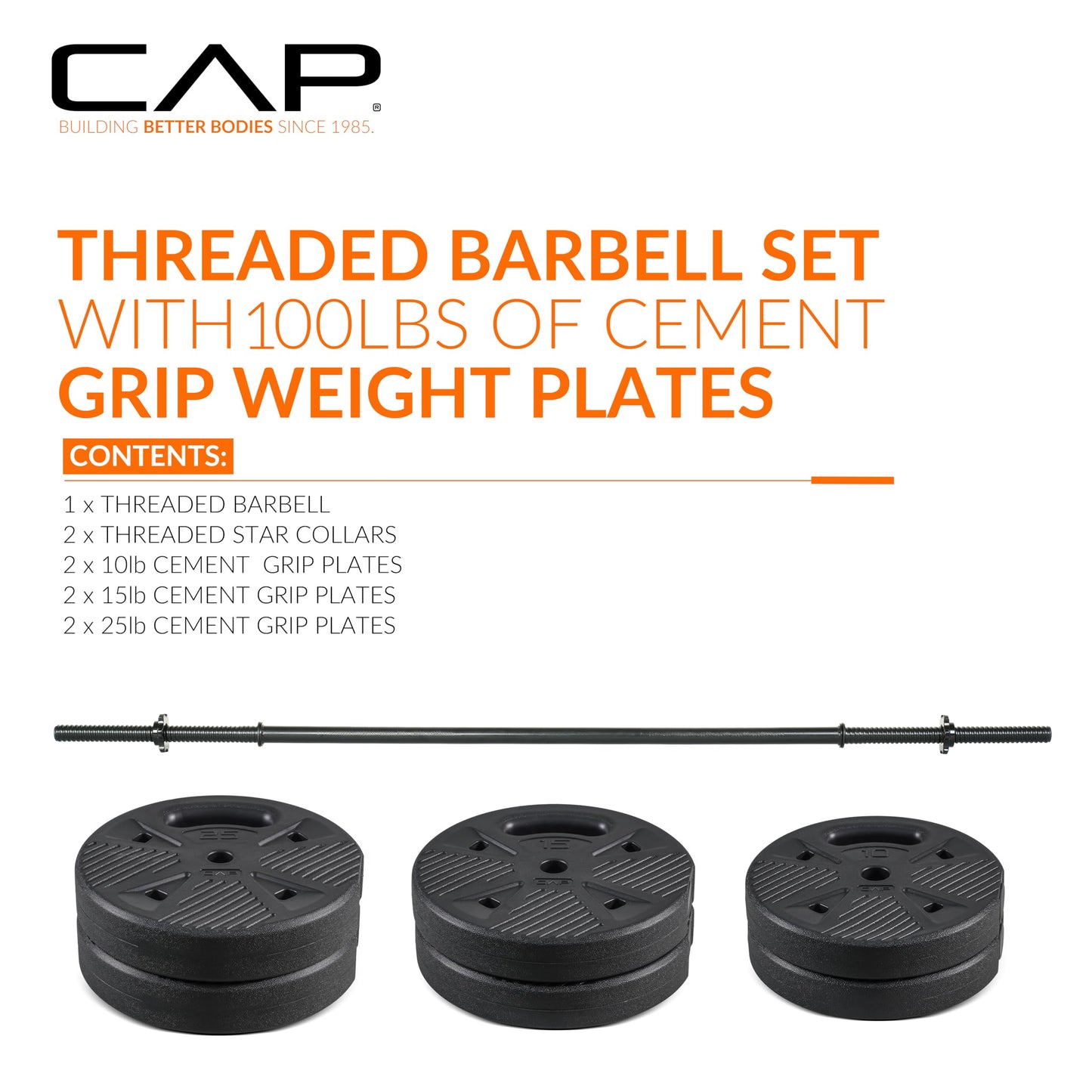 CAP Threaded Barbell Set with 100 LB Cement Grip Plates | 47" Threaded Bar, 25LB / 15LB / 10LB Grip Plates, Star Collars, Home Gym Weight Set for Strength Training