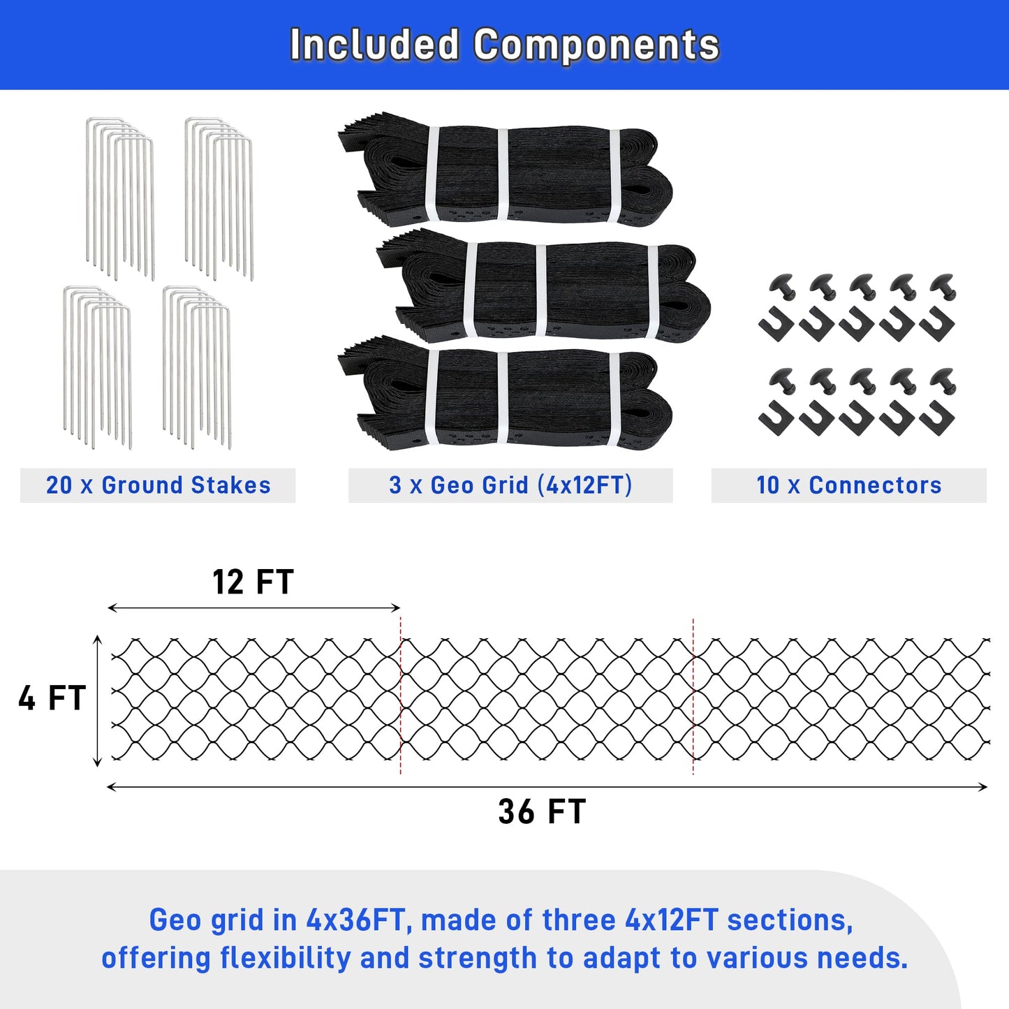 2" Depth Ground Grid for Gravel, 36x4 FT Geo Gravel Grid Driveway 1885 lbs per Sq Ft Load with Connection Buckles, Geo Cell Permeable Stabilization System for Driveways Walkway Slope Pathway & Garden