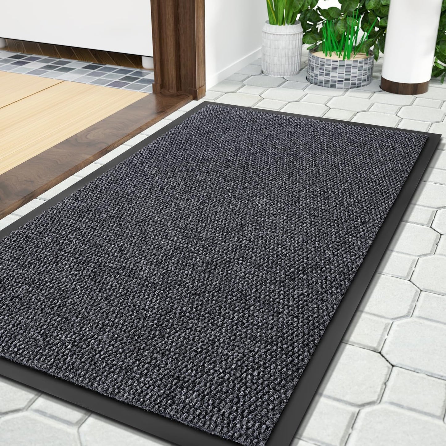 Yimobra Outdoor Indoor Doormat - 100% Waterproof, Stain & Fade Resistant | 36 x 17 Inches, Gray/White