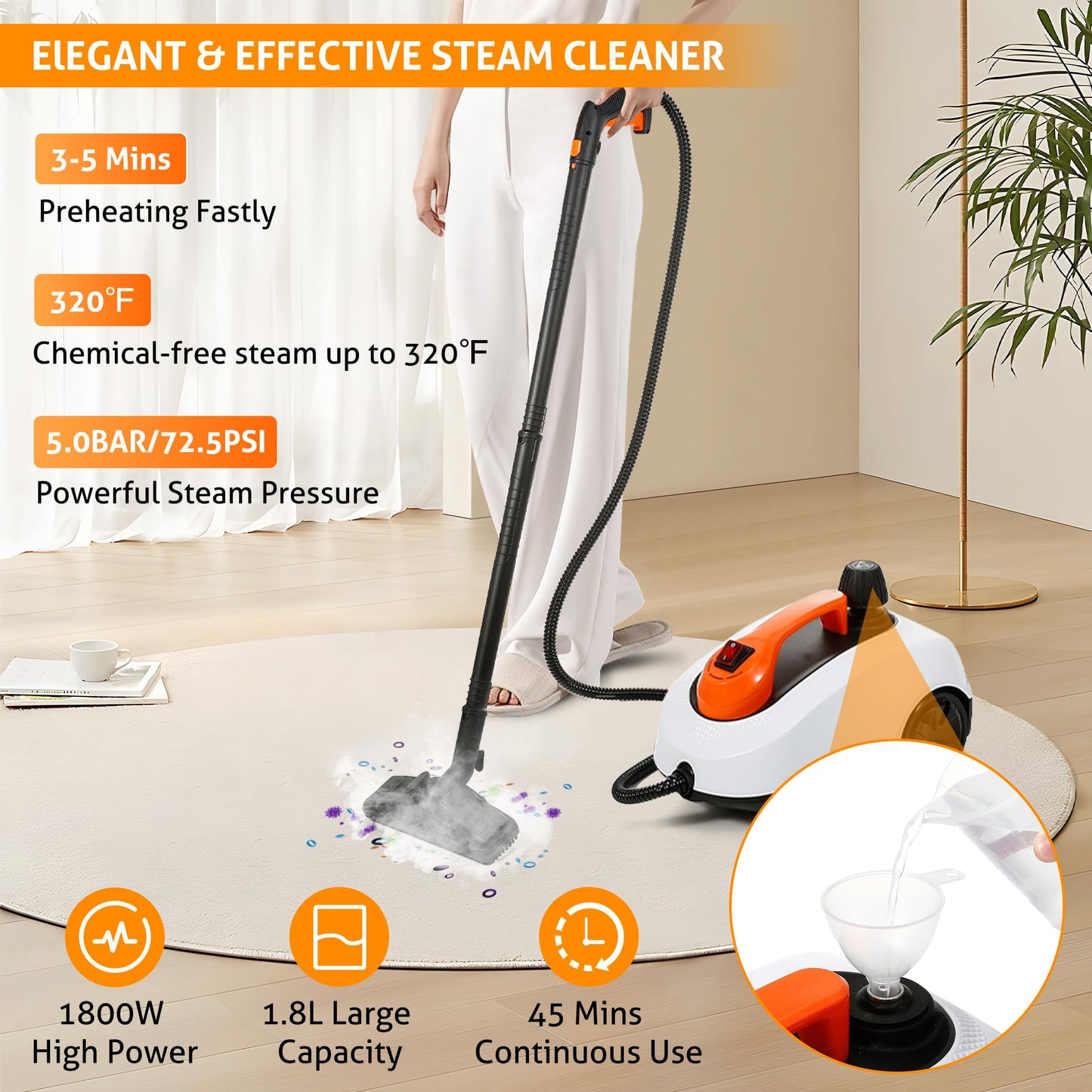 WICHEMI Steam Cleaner with Extension Pole, 61 oz, Steam Cleaner for Home, Adjustable Steam Pressure, 26 Accessories, Handheld Steam Cleaner for Walls, Gaps, Hard Floors, and Tiles
