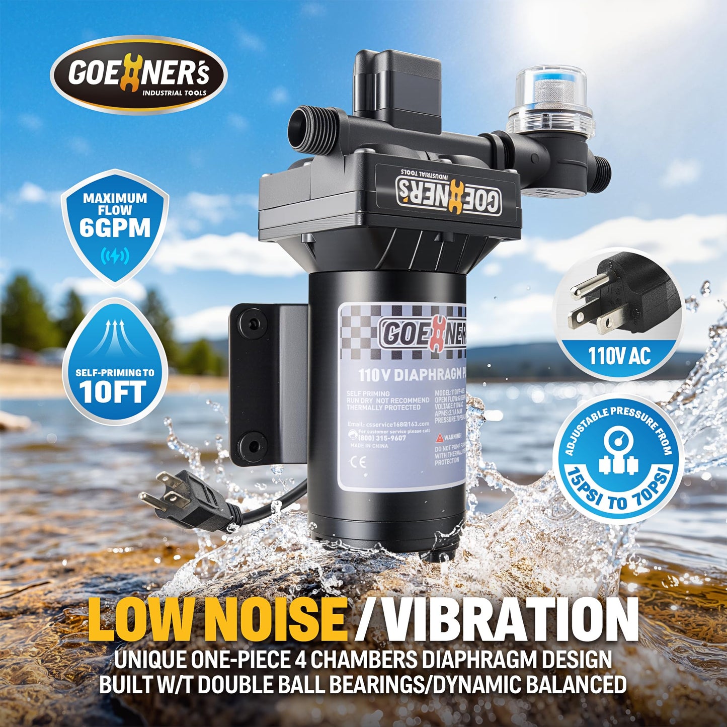 [Upgraded Version] 110V AC Fresh Water Pump, 6GPM 70 PSI Self-Priming Diaphragm Water Pump with Power Plug, Pressure Switch, Brass Connector and Strainer, for Kitchen Bathroom Garden Hose