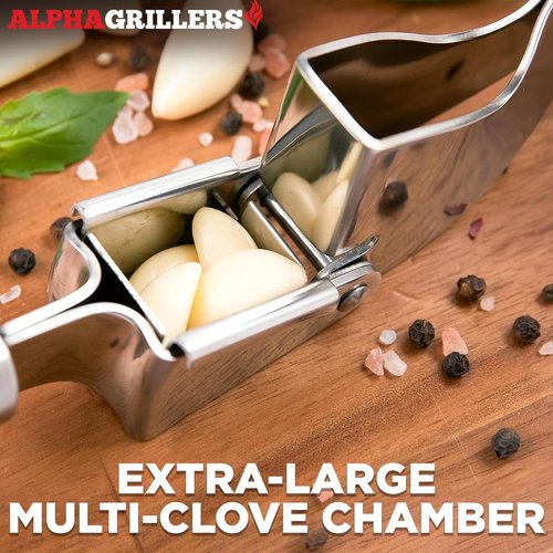 Alpha Grillers Garlic Press - Stainless Steel, Easy to Clean & Rust-Proof | Includes Silicone Peeler & Brush