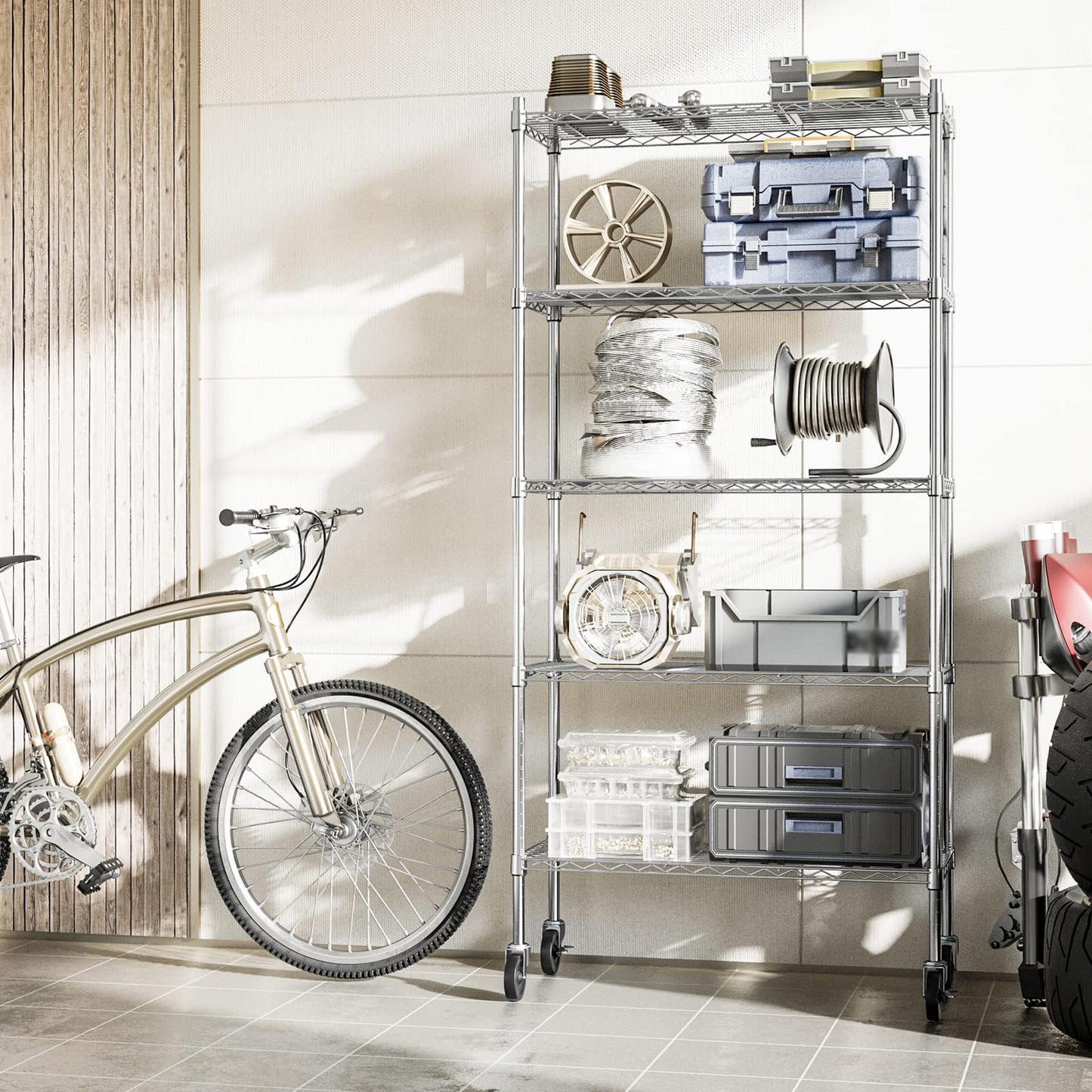 Auslar 5-Shelf Storage Shelves with Casters Heavy Duty 5 Tiers Rolling Cart Utility Racks Adjustable Wire Metal Shelving, 14" x 36" x 76.5", Chrome