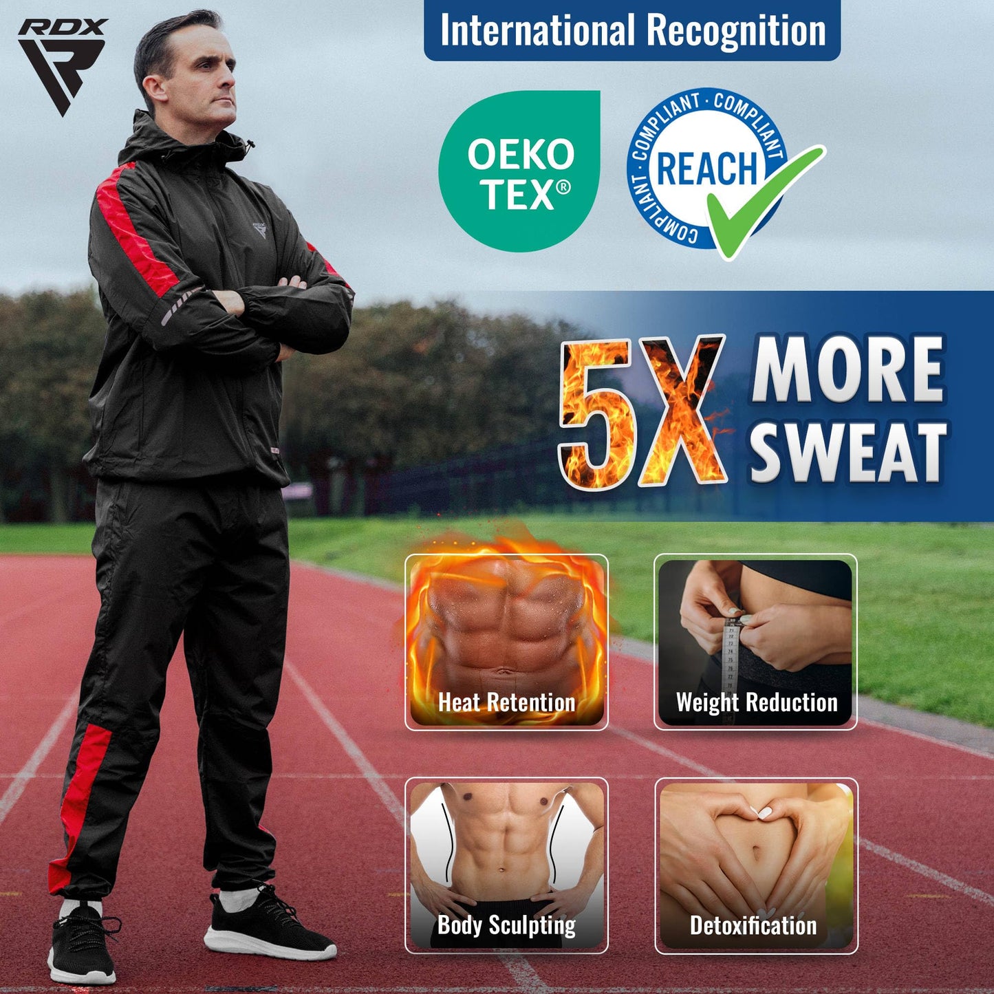 RDX Sauna Suit Weight Loss, REACH OEKO TEX 100 CERTIFIED, Sweat Jacket with Hood, Body Slimming Fitness Workout Men Women