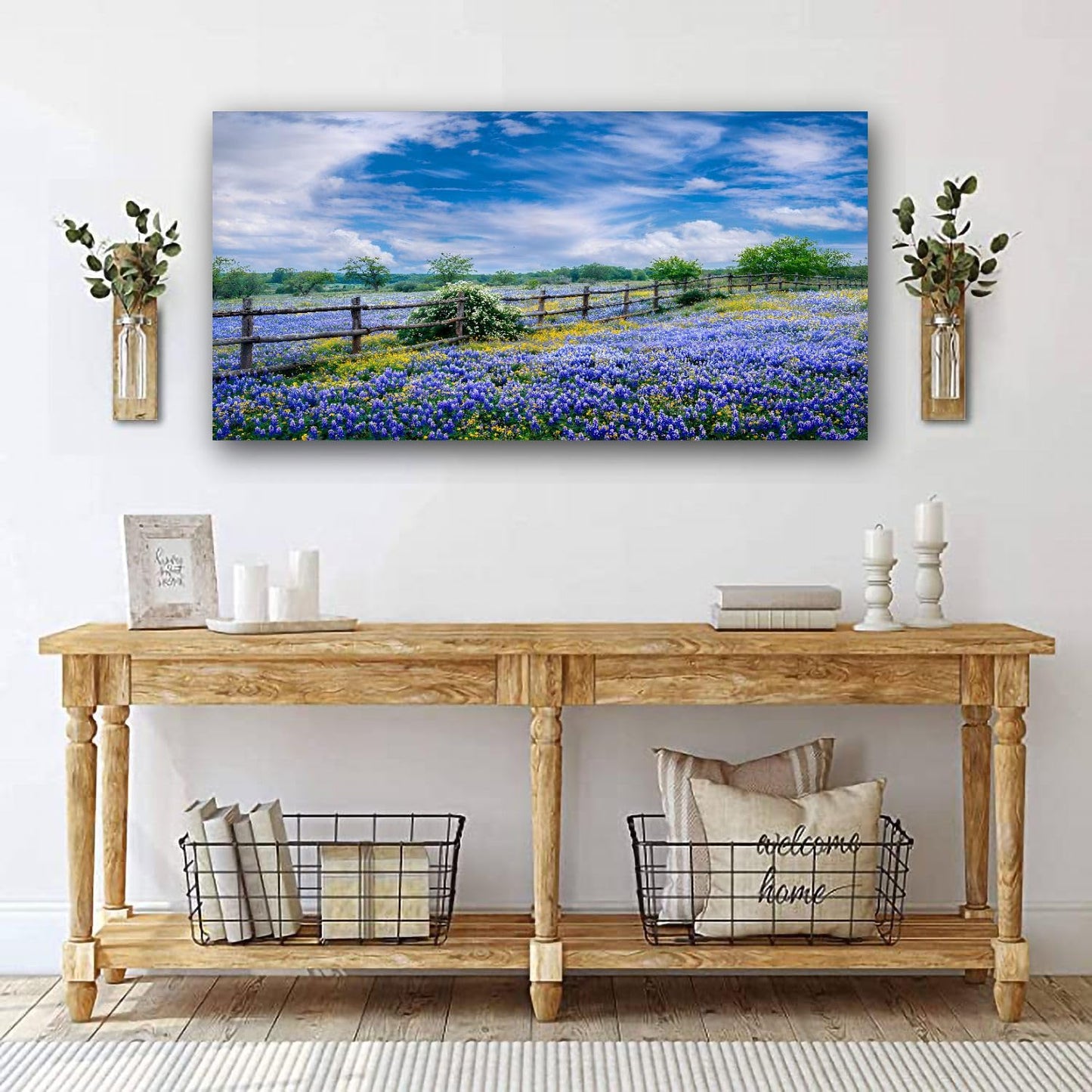 Large Framed Wall Art Ready to Hang 20" x 40" clouds over texas bluebonnets landscape stock pictures royalty free Canvas Print Artwork Wall Art Painting Pictures Home Office Wall Décor Modern Poster