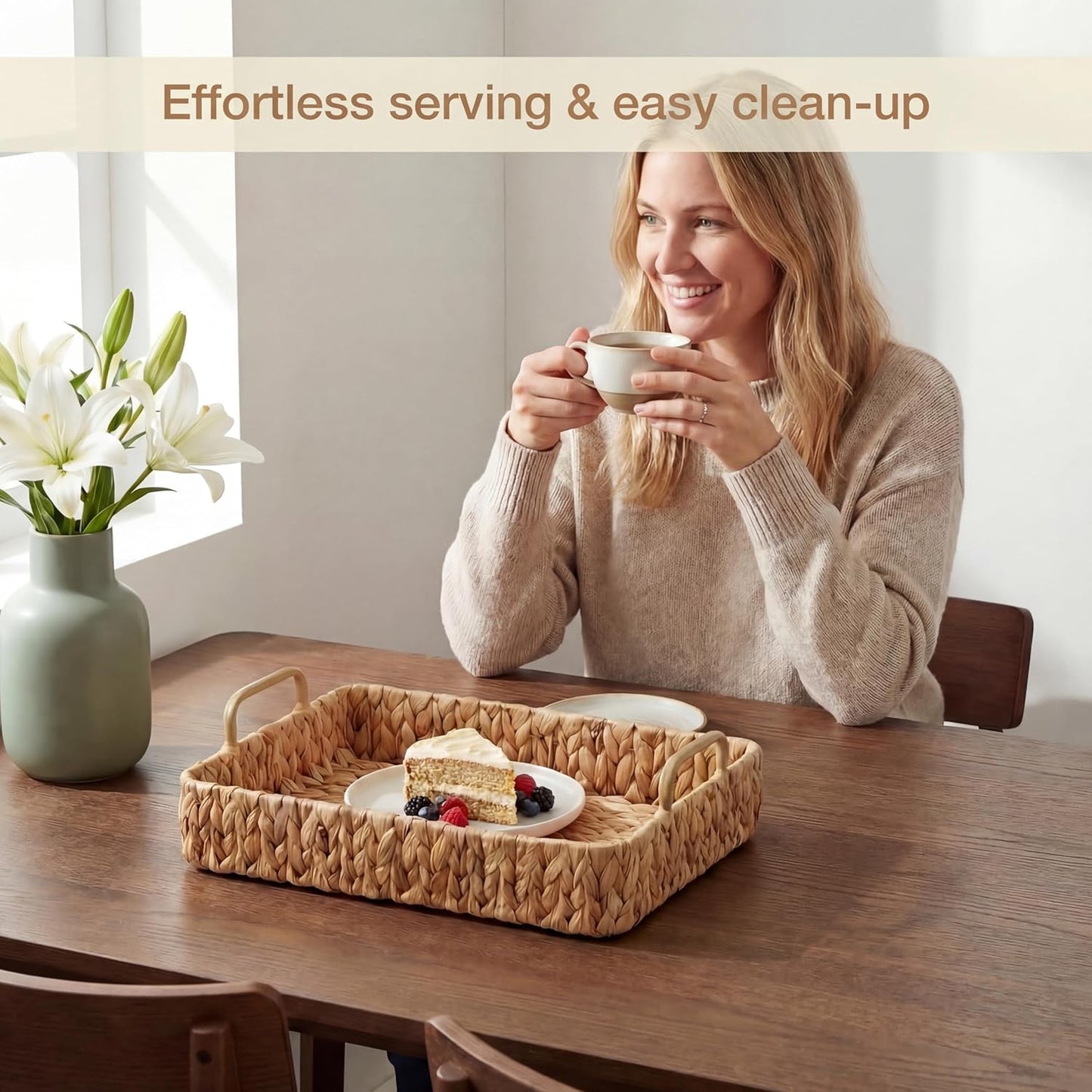 WickerCraft | Set of 2 Rectangular Wicker Trays with Handles - Stylish Decorative Trays for Home (Natural)