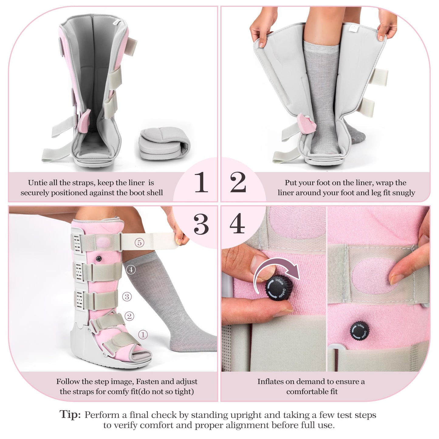 Jewlri Tall Walking Boot for Broken Foot, Air Cam Walker Boot for Foot Injury, Sprained Ankle, Fracture Recovery, Grey Shell with Light Pink Lining Women Medium