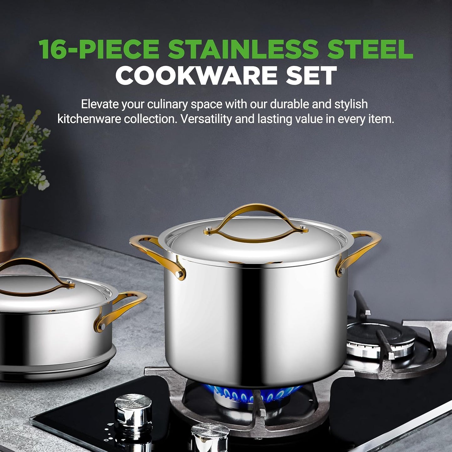 NutriChef 16-Piece Stainless Steel Kitchenware Set - Non-Stick Pots, Pans & Nylon Utensils