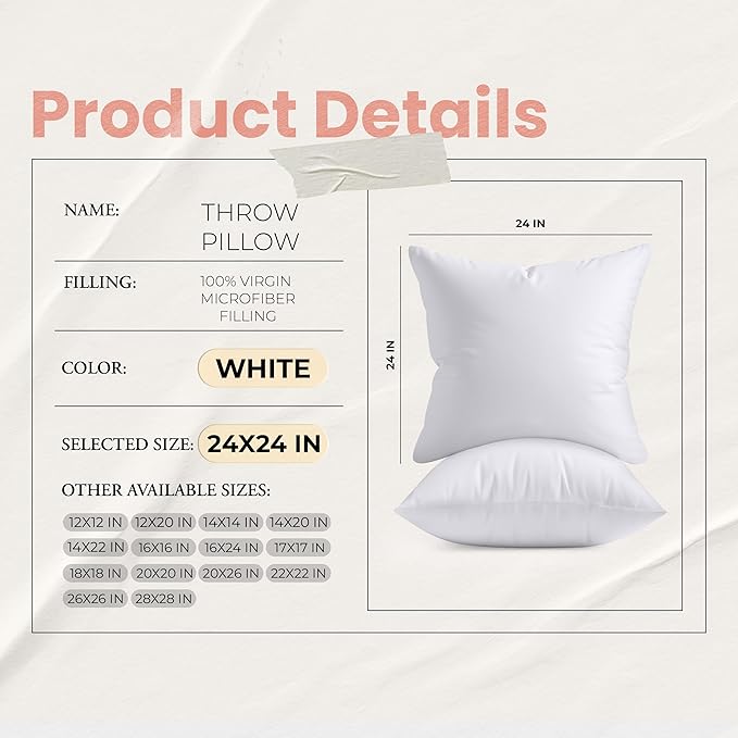Utopia Bedding 24x24 Pillow Inserts, Set of 2, White – Indoor Decorative Throw Pillows for Bed, Sofa & Couch – Soft, Supportive & Fluffy Cushion Inserts