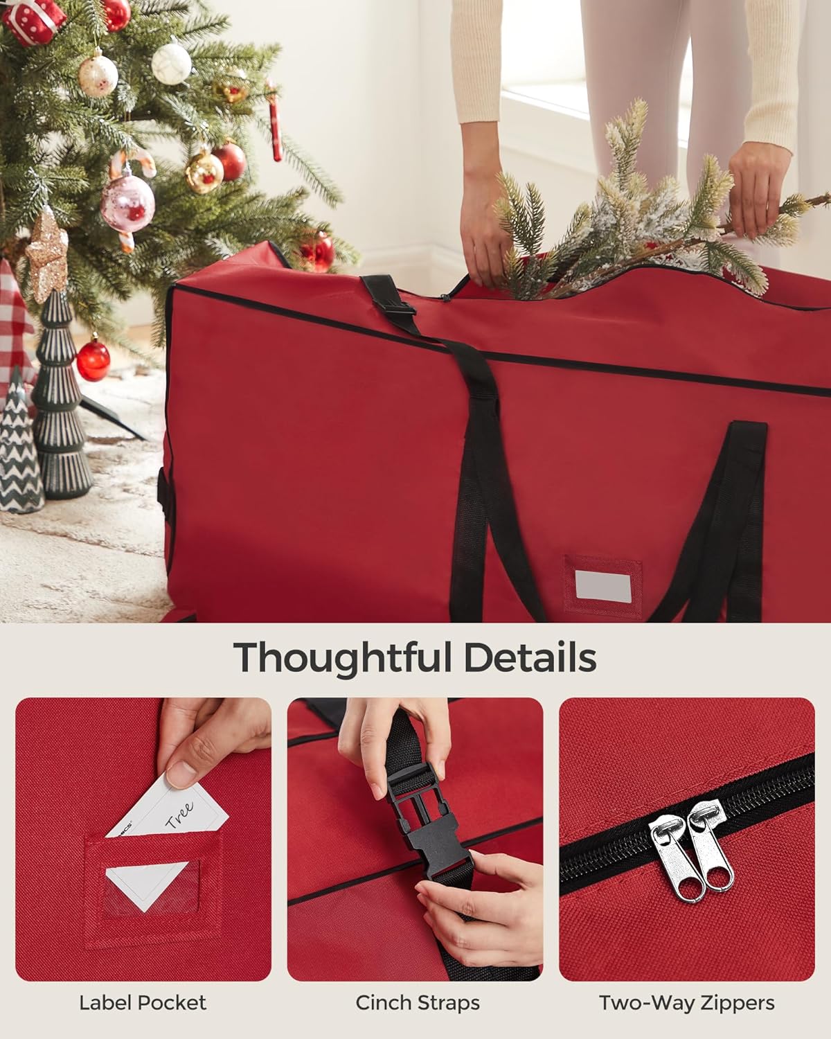 SONGMICS Christmas Tree Storage Bag - Rolling Design with 1.6-Inch Wheels, Fits Up to 7.5 ft Trees, Cherry Red