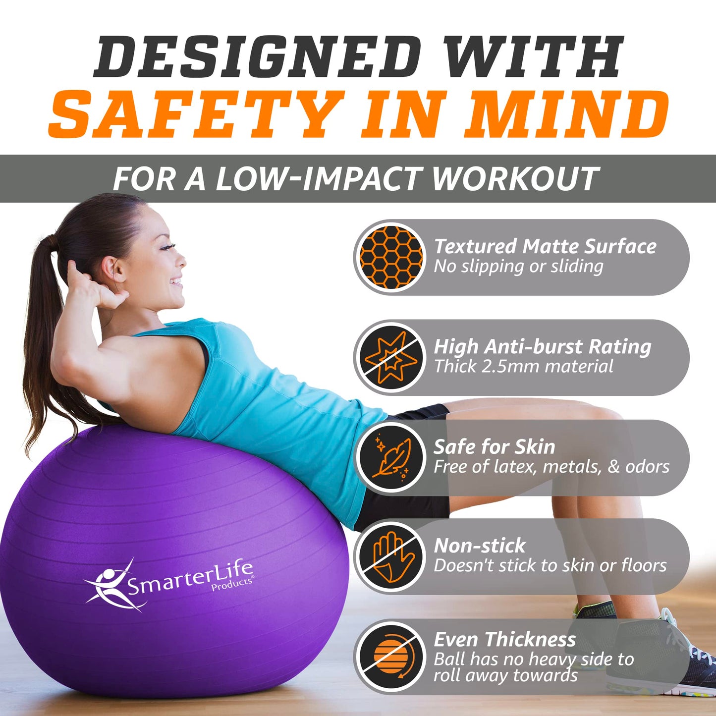 SmarterLife Exercise Ball Yoga Ball for Fitness, Balance, Stability, or Pregnancy, Gym Ball for Core Workout, Physical Therapy, Yoga Ball Chair for Office, Anti-Slip Anti-Burst (65 cm, Purple)