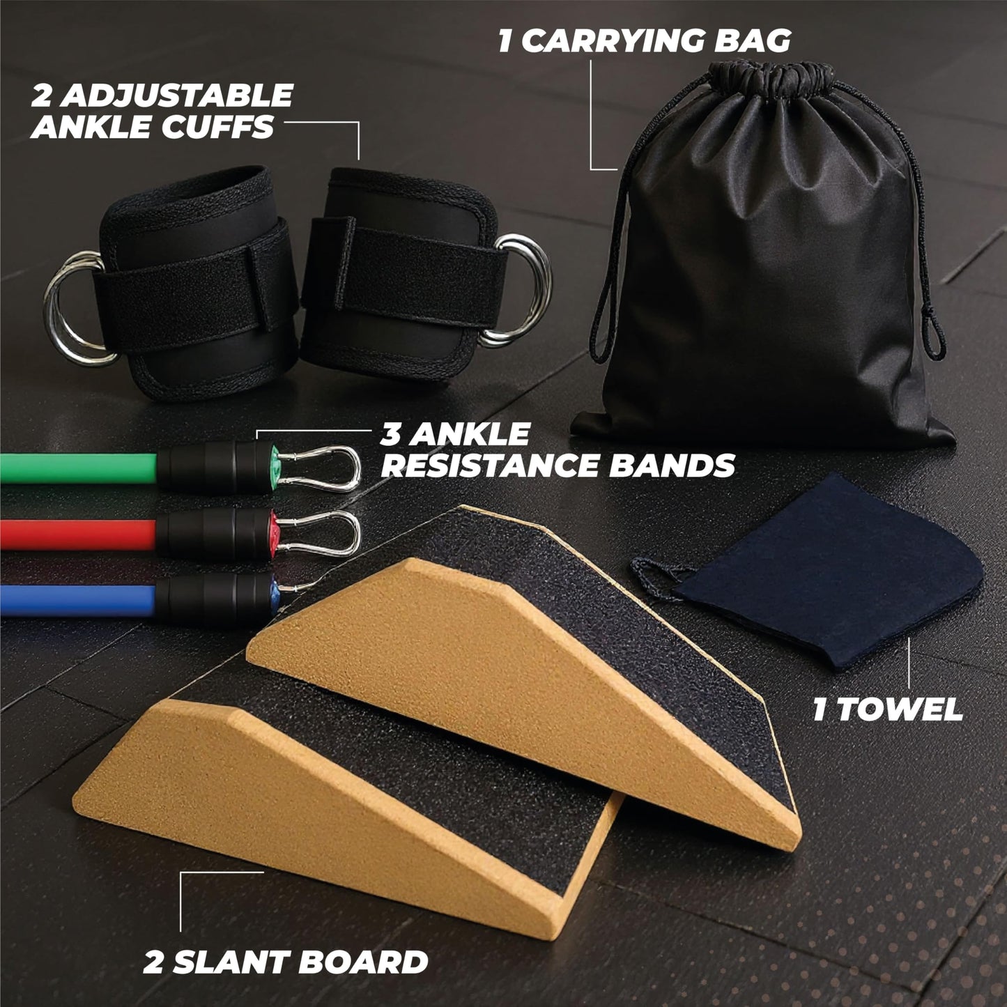 Slant Board for Calf Stretching & Squat Wedge + Ankle Resistance Bands – Glute & Leg Workout Equipment for Women – Booty Trainer Kit with Blocks, Bands & Towels – At Home Gym Set
