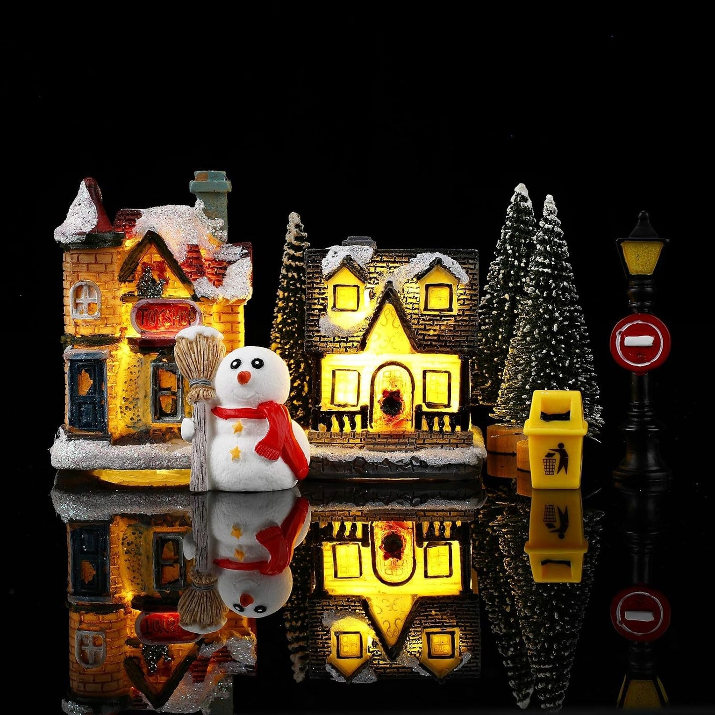 Skiennix 16-Piece Christmas Village Houses Set - LED Light-Up Figurines & Mini Accessories for Festive Decor