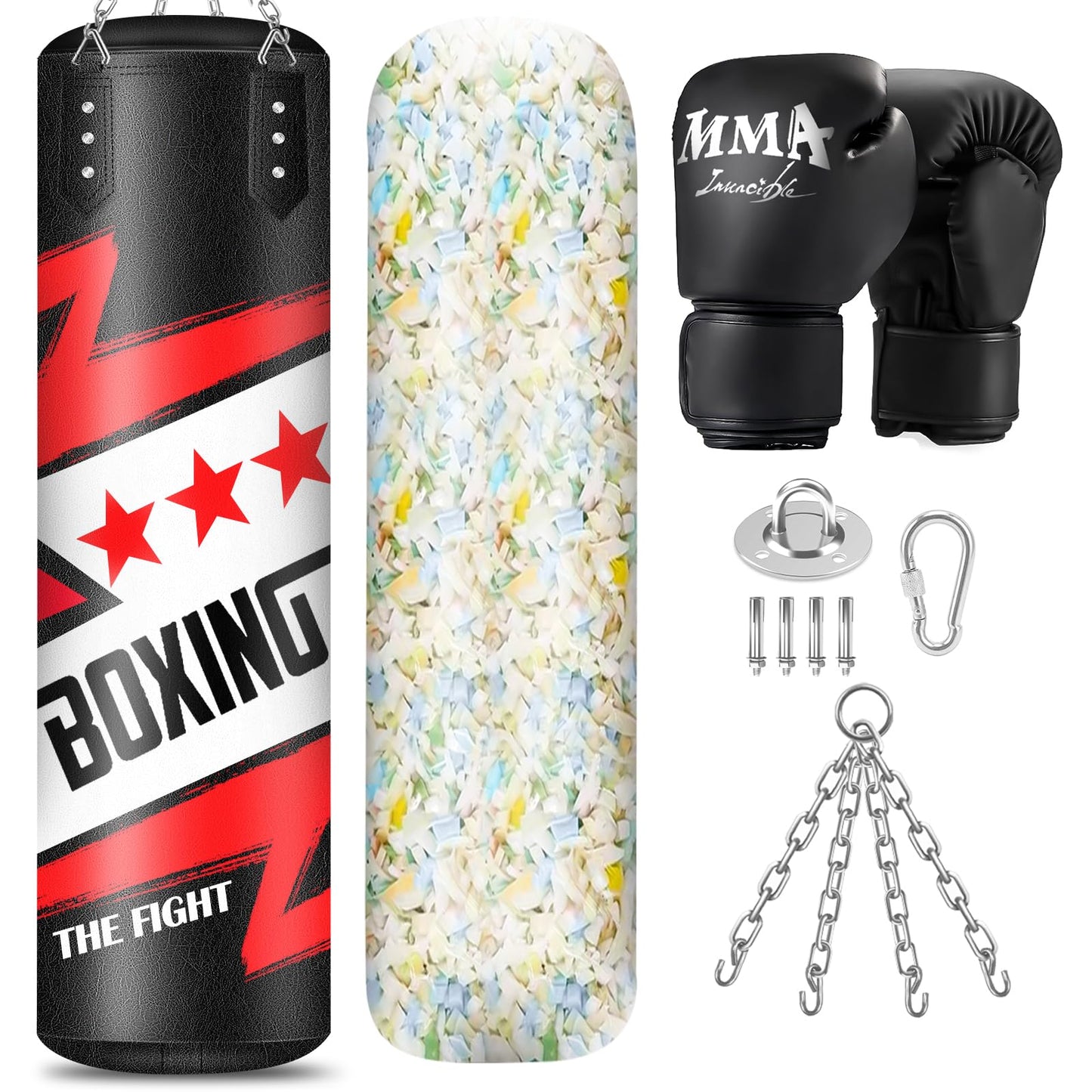 Filled Punching Bag for Adults, 4FT PU Leather Hanging Boxing Bag with 11lb Sponge Filler & 12OZ Boxing Gloves, Heavy Kicking Bag Boxing Equipment for MMA Training Karate Kickboxing