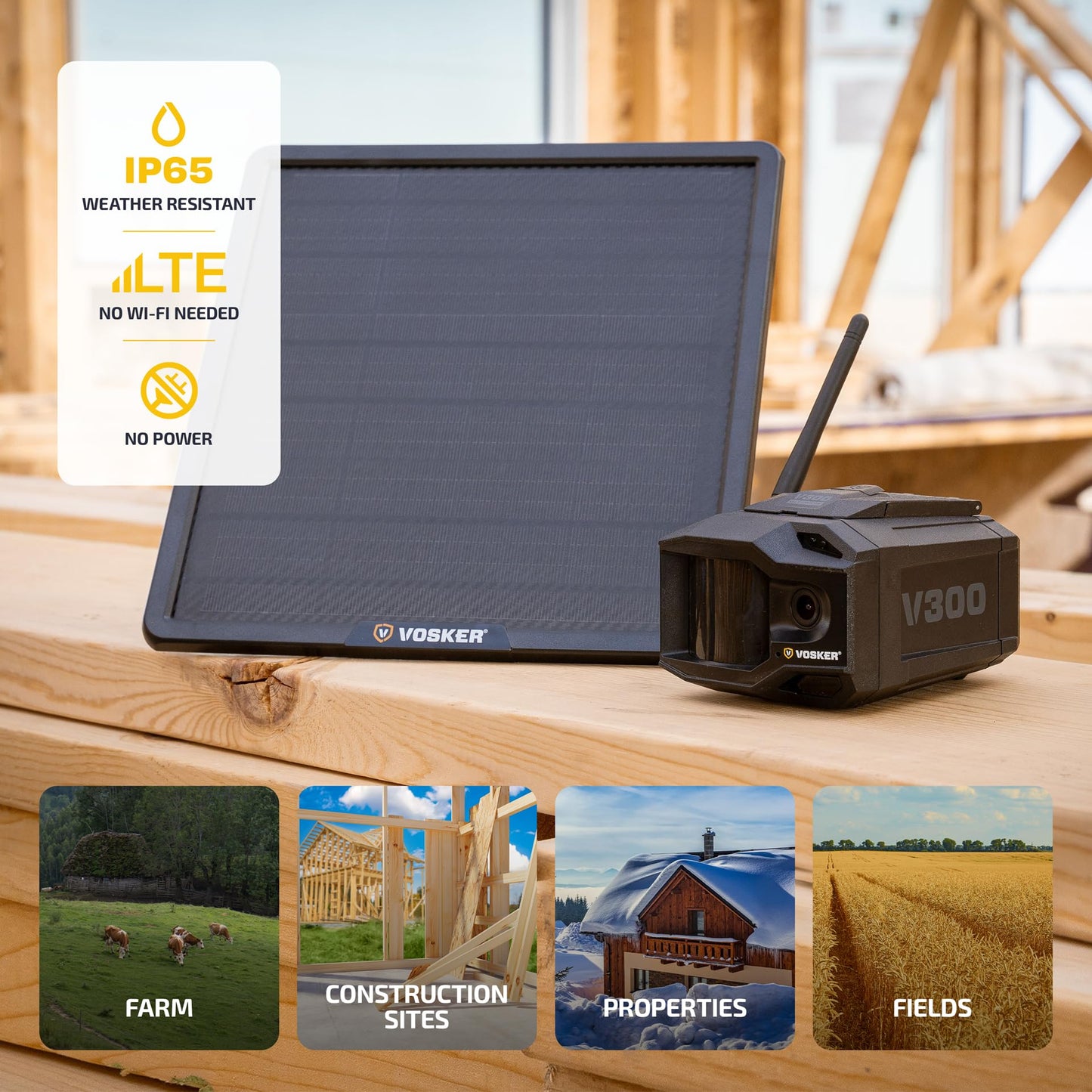 Vosker V300 Ultimate Construction Pack Outdoor Security Camera with External Solar Panel for Remote Construction Sites 4G LTE Black Single Unit with Battery