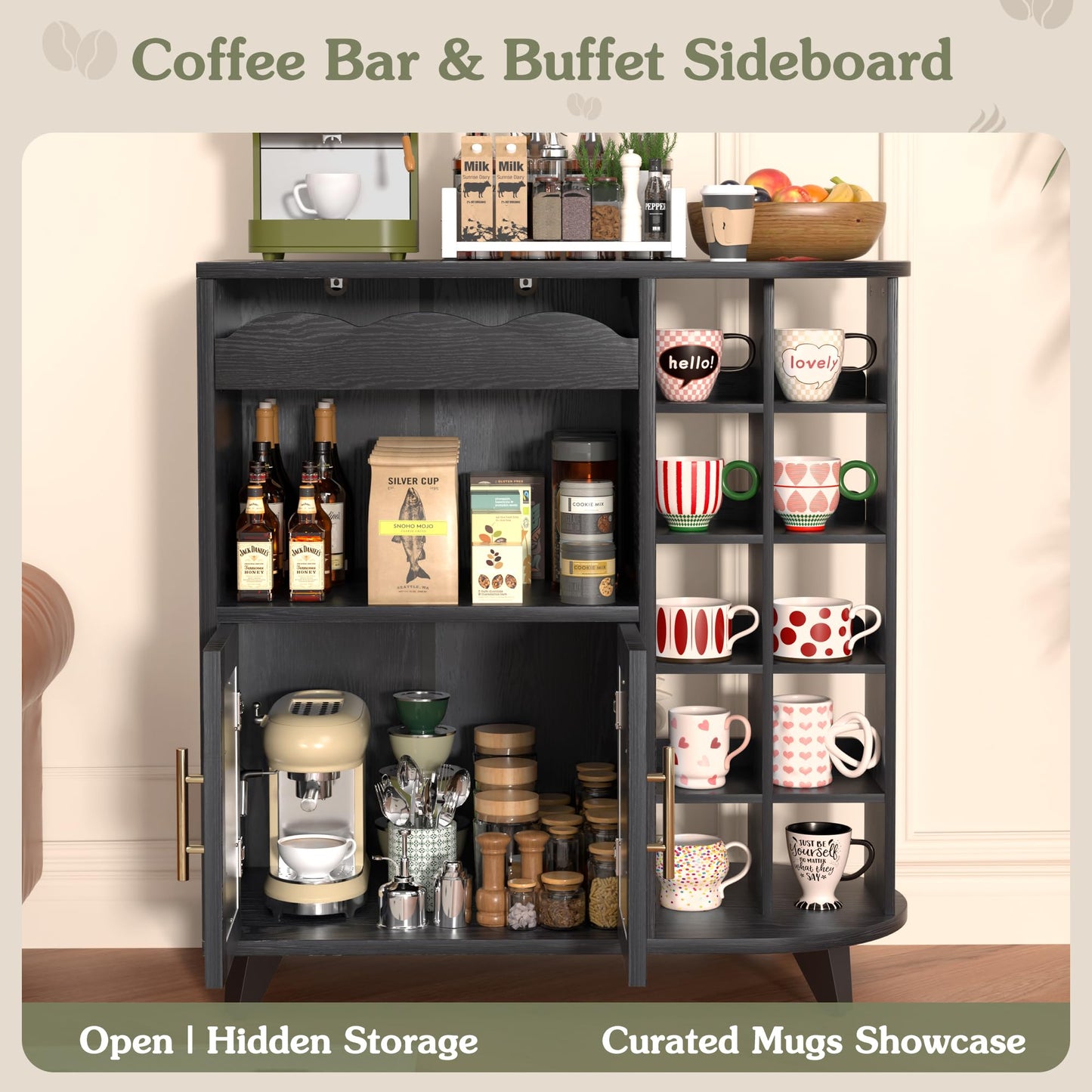 VINAEMO Coffee Bar Cabinet with 24-Cup Display, Large Drawer & Storage,Modern Buffet Sideboard for Kitchen, Medium Wooden Bar Station for Apartment，Black