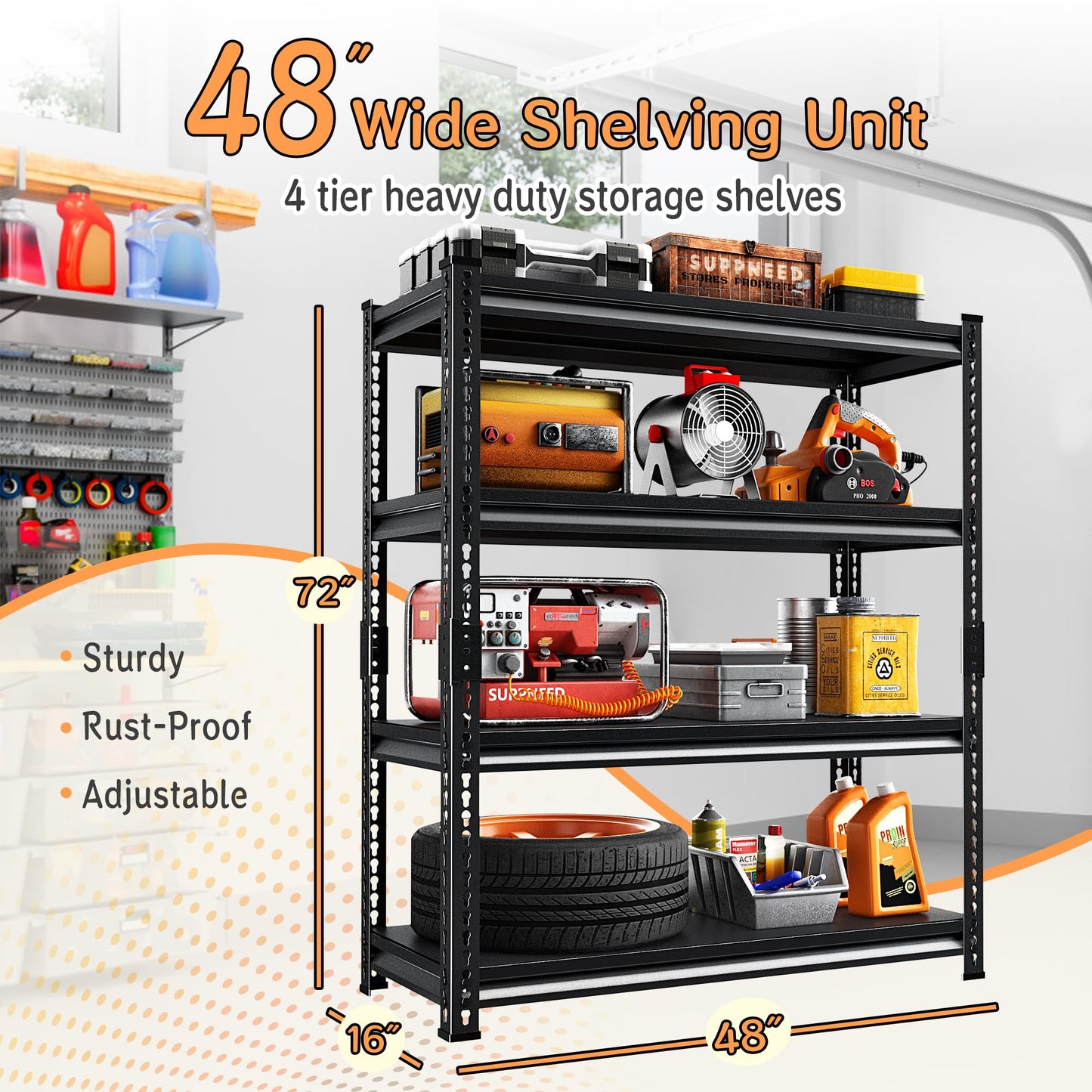 SUPPNEED Metal Storage Garage Shelving: 48'' Wide 2,000Lbs Freestanding Utility Shelves, Adjustable Heavy Duty Rack Units 4 Tier Black 48" W x 16" D x 66" H