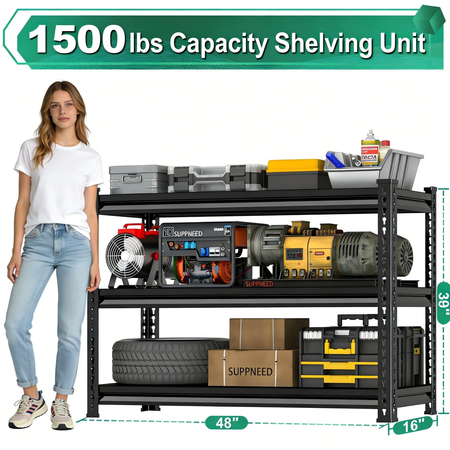 SUPPNEED Metal Storage Garage Shelving: 48'' Wide 1,500Lbs Freestanding Utility Shelves, Adjustable Heavy Duty Rack Units 3 Tier Black 48" W x 16" D x 36" H