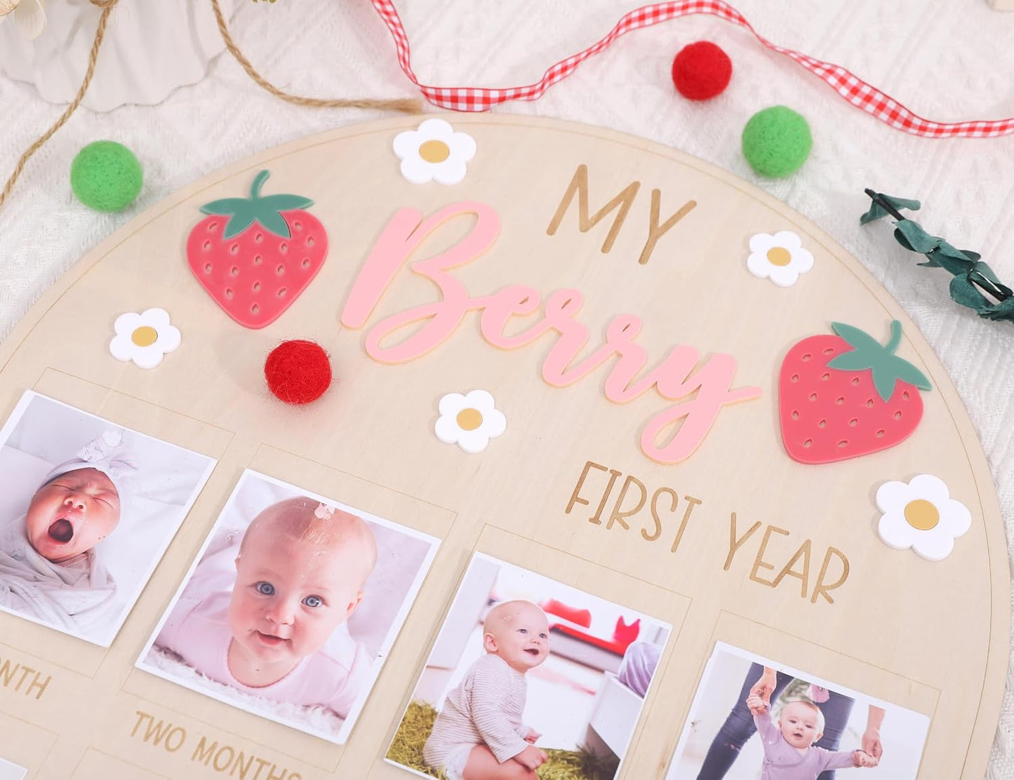 1st 1 12 WAOUH Berry First Year Photo Wood Board - Strawberry Birthday Decorations,Strawberry to Months Photo