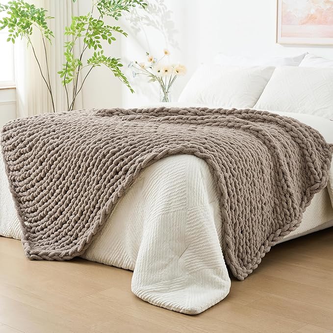 Bigacogo Chunky Knit Throw Blanket for Couch, 51x63 inches, 100% Hand Knitted with Thick Jumbo Chenille Yarn, Cozy Soft Large Rope Knot Cable Crochet Blankets for Sofa Bed Living Room, Taupe
