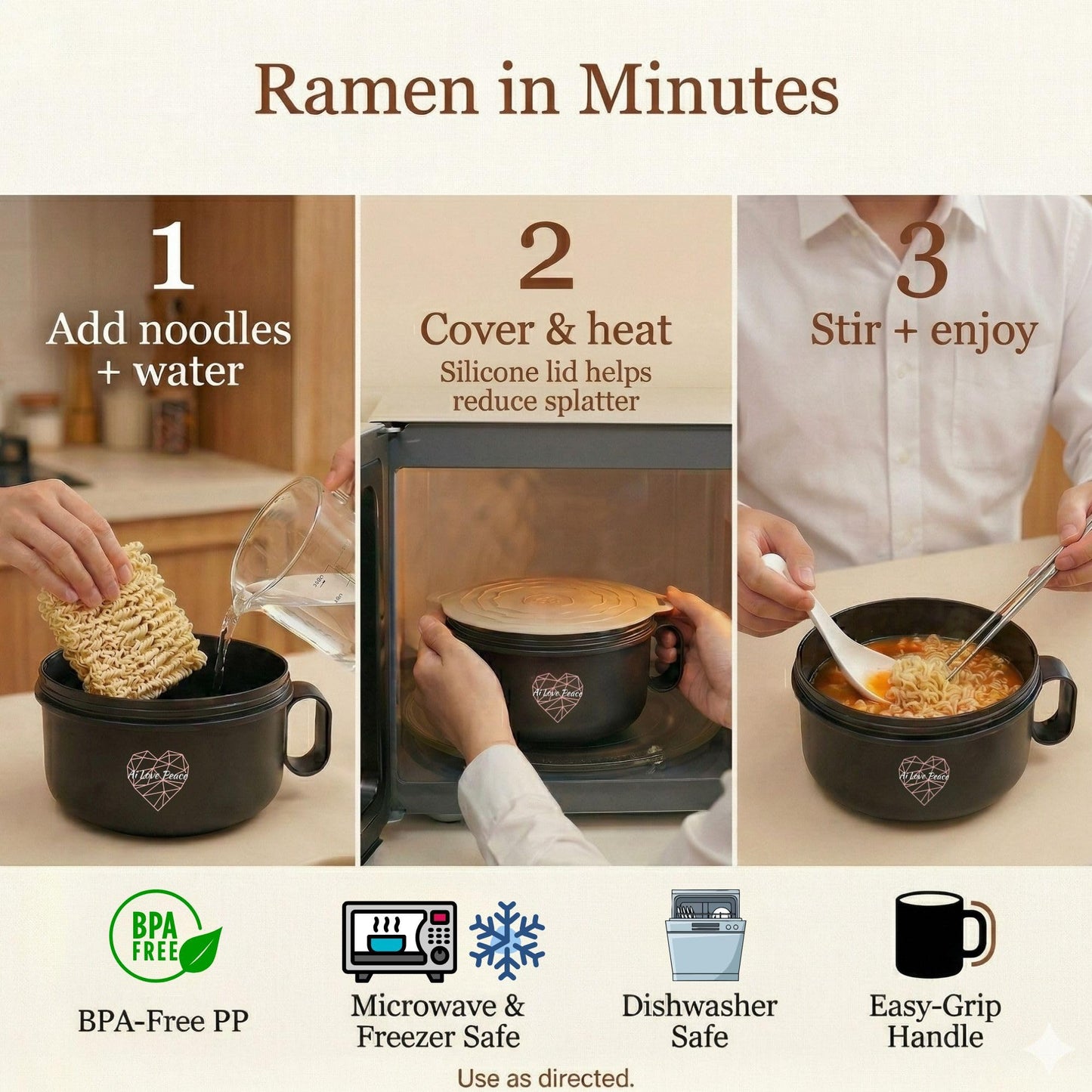 AI LOVE PEACE Microwaveable Ramen Noodle Bowl Cooker 40oz for Ramen, Rice, Pho, Soup, and Pasta, Dishwasher Safe and Portable, Ideal for Home, Office, Dorm, or Gift (Red)