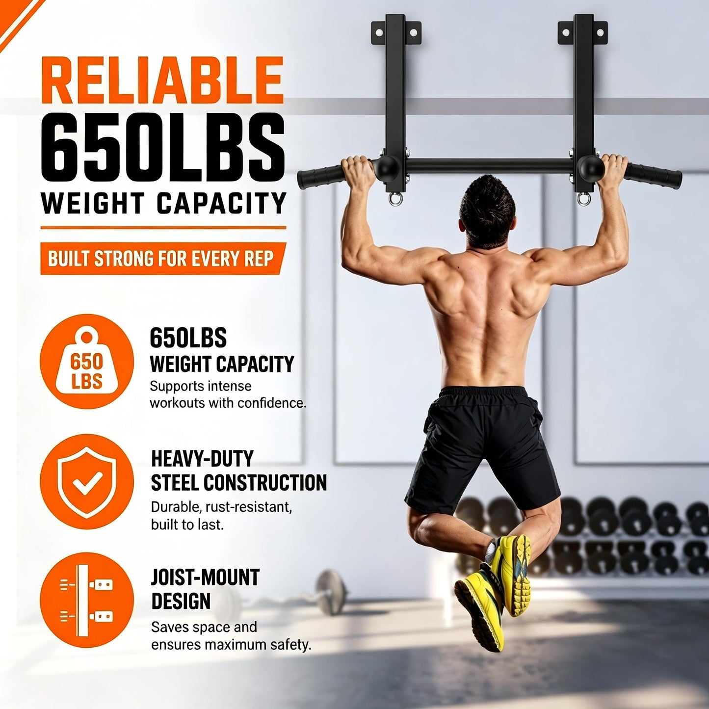 HWOOUSA Joist Mounted Pull Up Bar, 650lbs Heavy Duty Strength Training Pullup Bars, Multi-Grip Chin Up Bar for Home Gym, Garage & Basement Ceiling Beam Installation