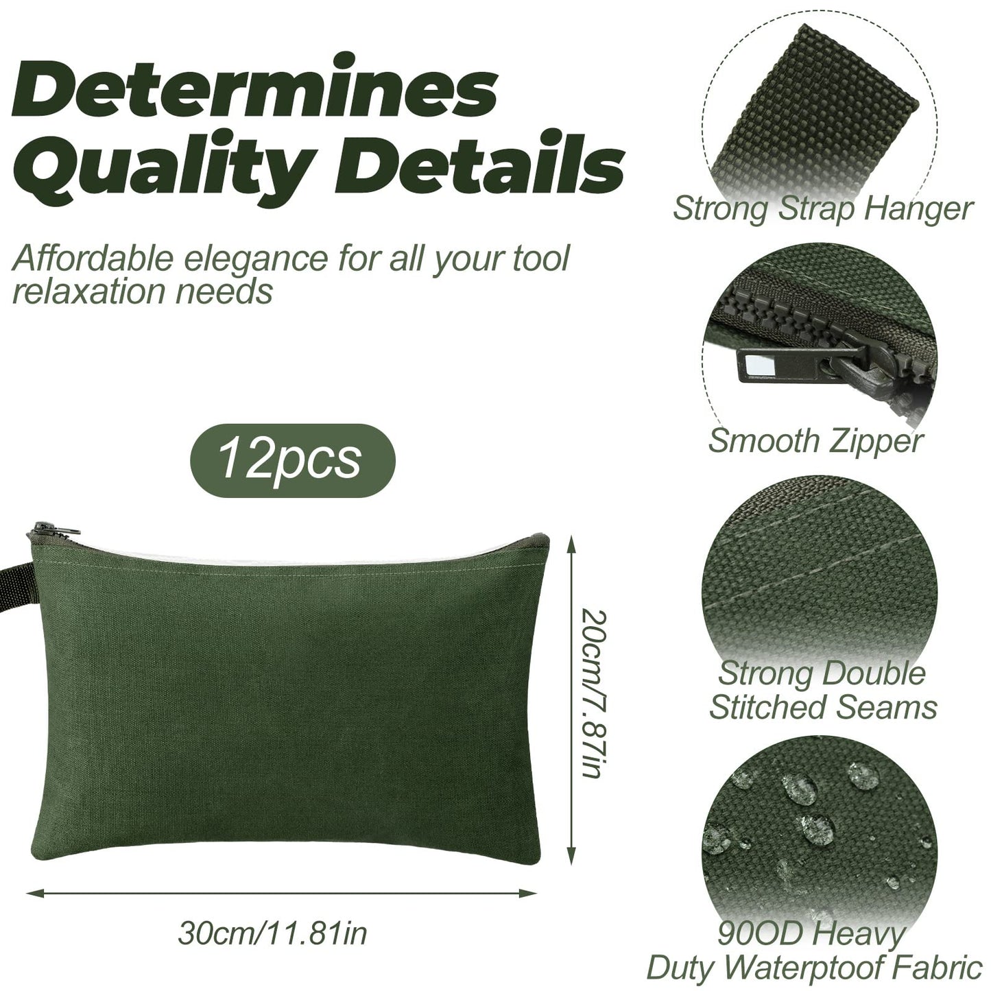 Eccliy 12 Pcs Canvas Tool Bag Pouch Zipper 16 oz Heavy Duty Utility Pouch Bag Multipurpose Storage Organizer 11.8" x 7.9" for Tools, Stationary, Craft, Electronics, Home & Workshop(Army Green)