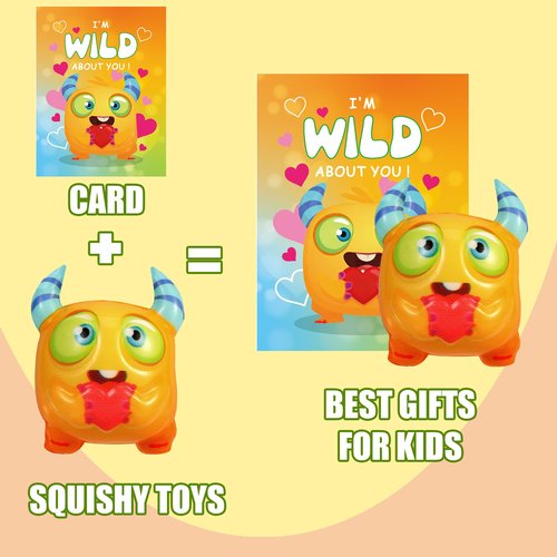 24 Pcs Monster Squishy Toys with Cards for Kids Valentines Day Gifts, Galentines School Gift Exchange, Classroom Prizes, Bag Fillers, Party Favors