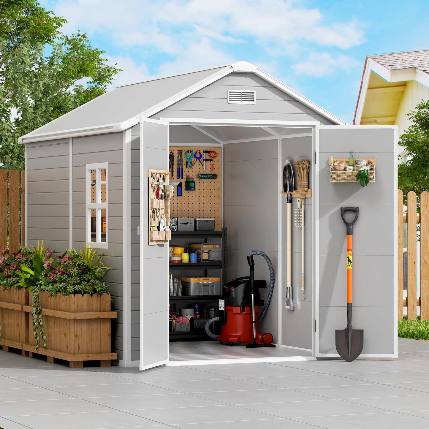 PIPLEO 6x8 FT Resin Outdoor Storage Shed with Floor, Plastic Garden Storage Shed with Lockable Door & Vent, All Weather Versatile Tool Shed for Backyard, Patio, Lawn, Cloud Gray (6x8 FT)