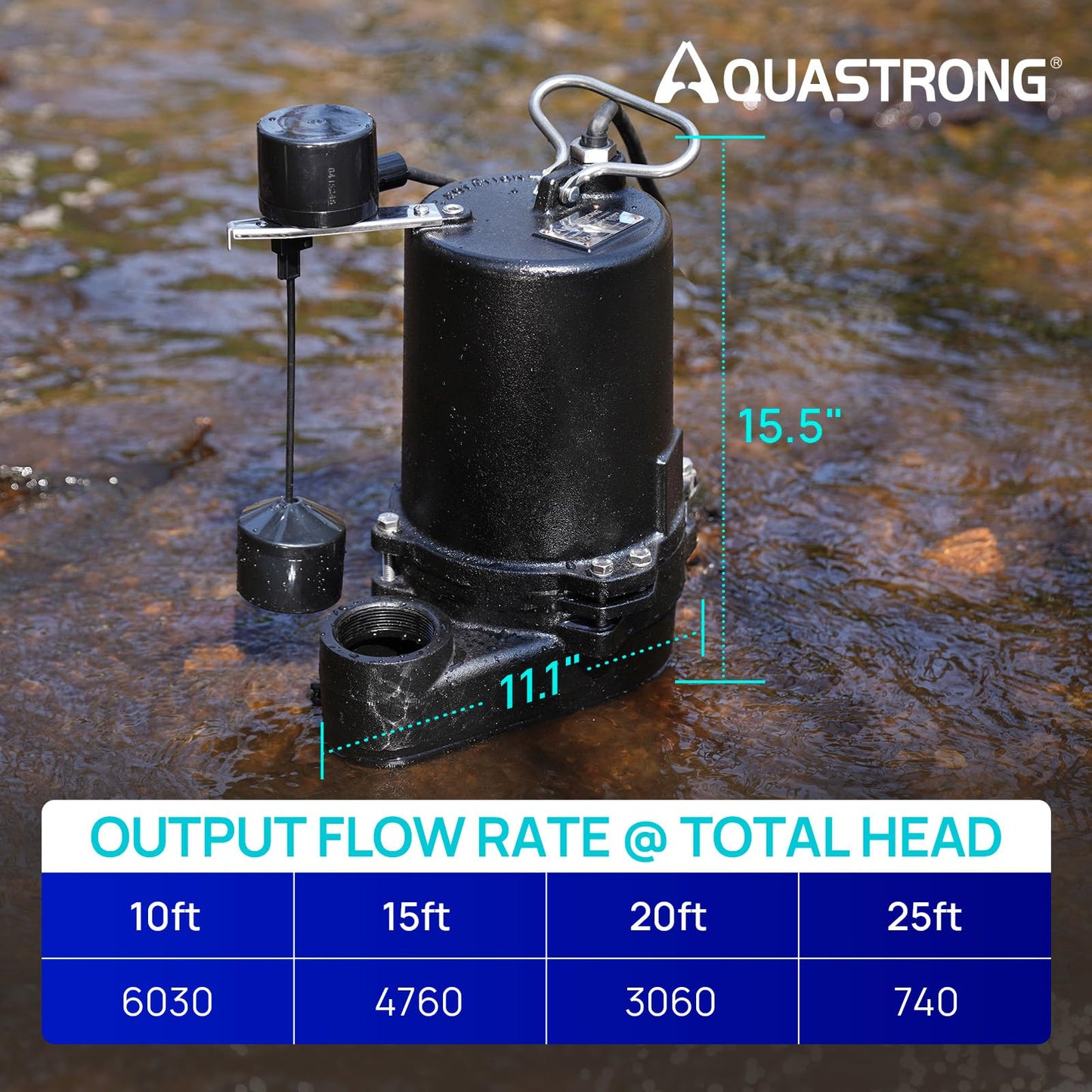 Aquastrong Cast Iron Sewage Pump 1/2HP Effluent Pump 220V 6030 GPH Sump Pump with Vertical Float Switch, Ideal for Basement Sump Pits, Industrial Wastewater - Commercial-Grade Sewage System