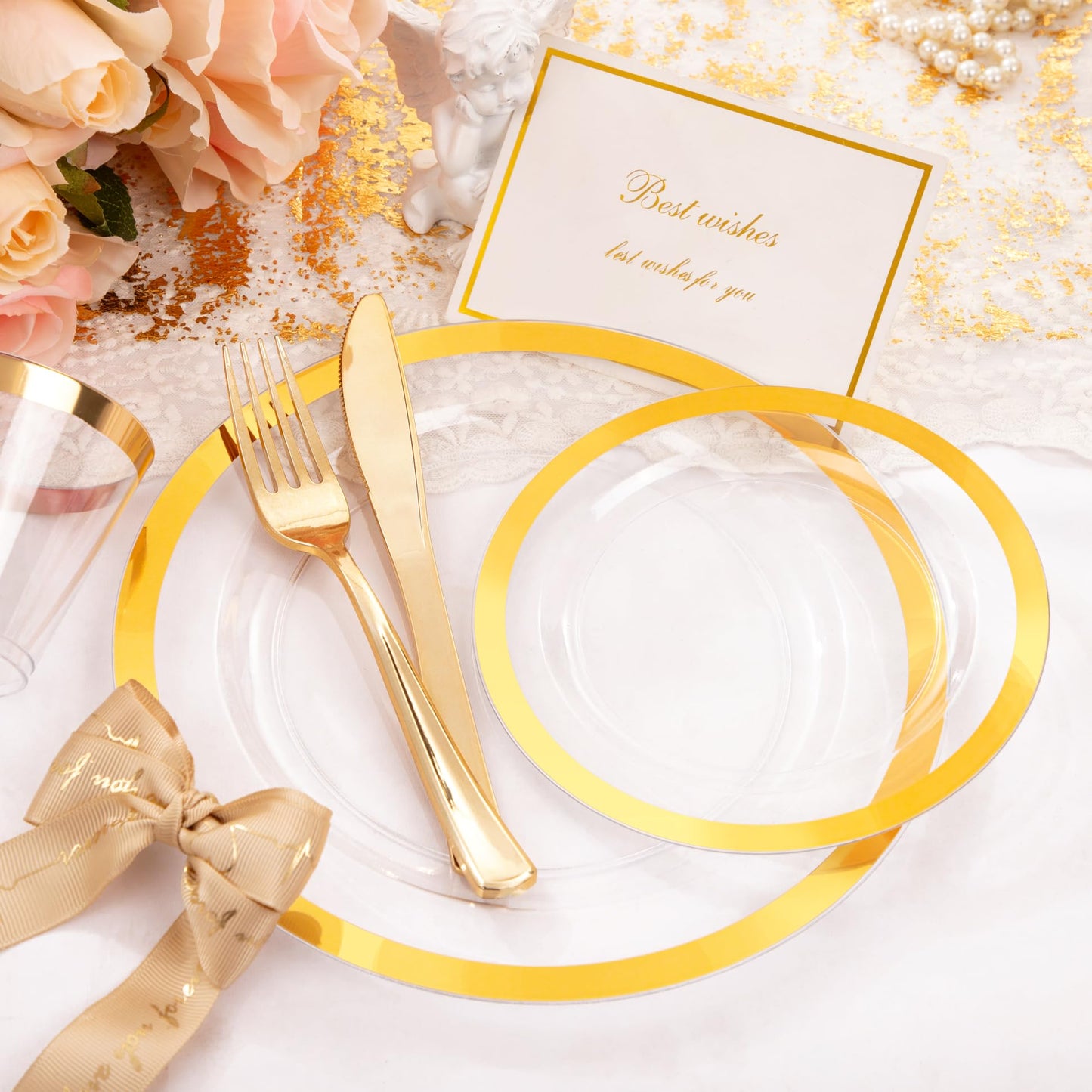 Liacere 350PCS Clear Gold Plastic Plates for 50 Guests Dinnerware Include 100 disposable Plates 150 Gold Silverware 50Napkins for Party & Wedding