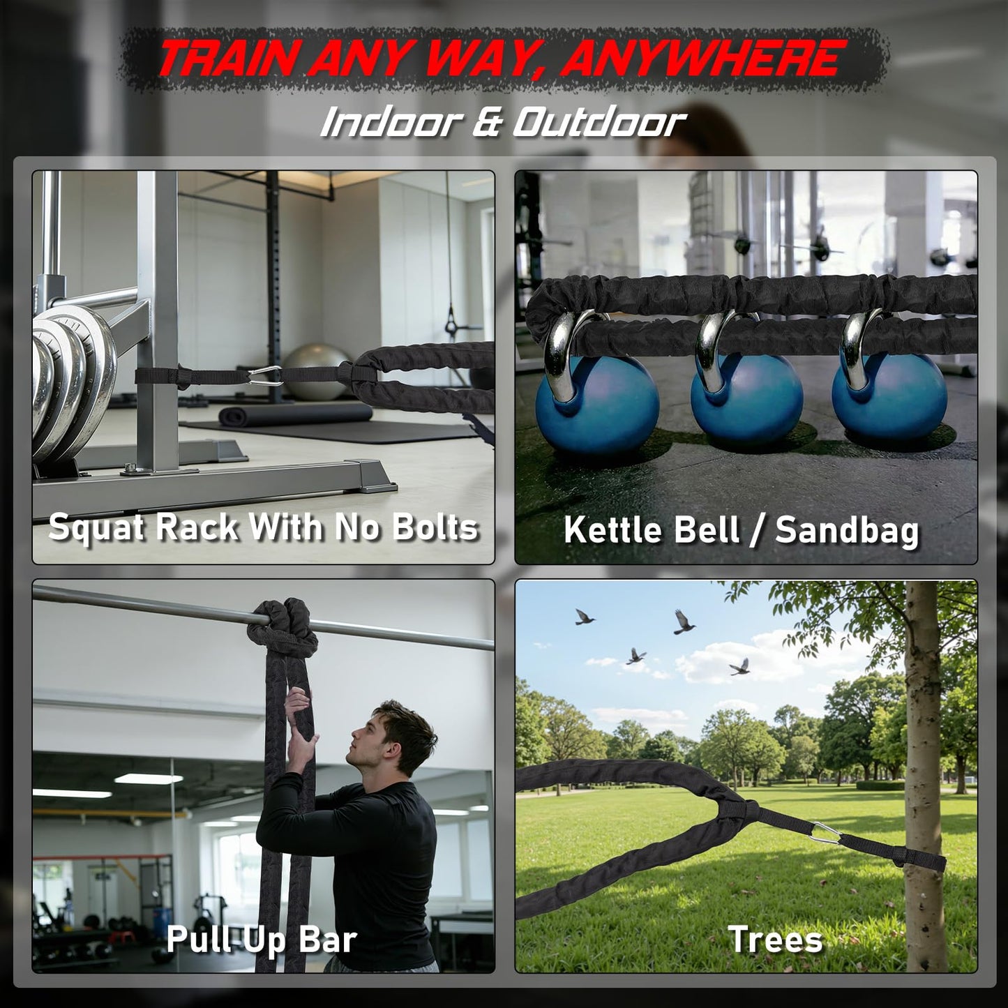 Battle Rope For Home Gym Workout - 1.26 Inch 30ft Heavy Weighted Training Exercise Ropes Fitness Equipment With Sleeve And Anchor Strap Kit For Outdoor Working Out