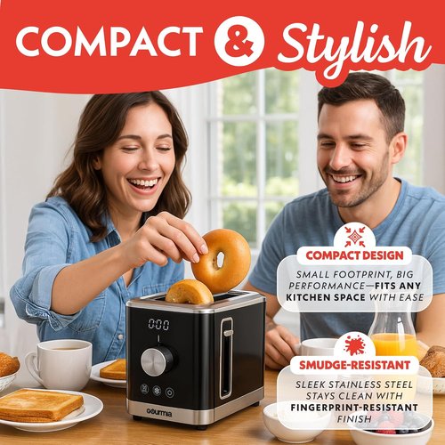 Gourmia 2 Slice Toaster - 6 Browning Levels, Bagel & Defrost Modes, Compact Design, Black