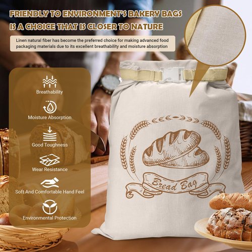 Large Linen Beeswax Bread Bags(2 Pack) Sourdough Bread Bags Reusable Double-Lock Freezer Baking Container Gift Giving for Homemade,Loaf,Sourdough,Food Storage (Plain Colour Patterns)