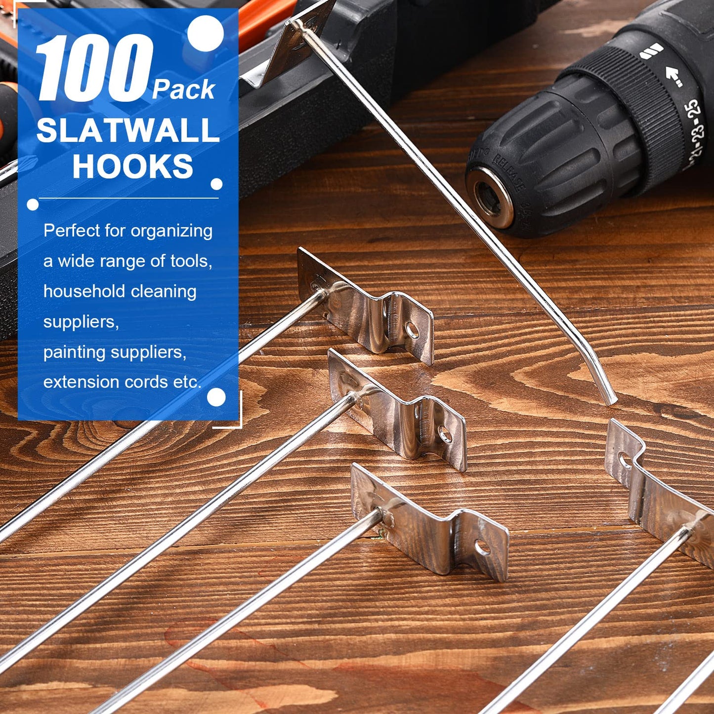 Moxweyeni 100 Pack Slatwall Hooks, 6 and 8 Inch Slatwall Accessories, Metal Panel Wall Hooks Pegs Hanging Hangers Thickness Slat Pegs for Garage Shop Retail Display(Silver)