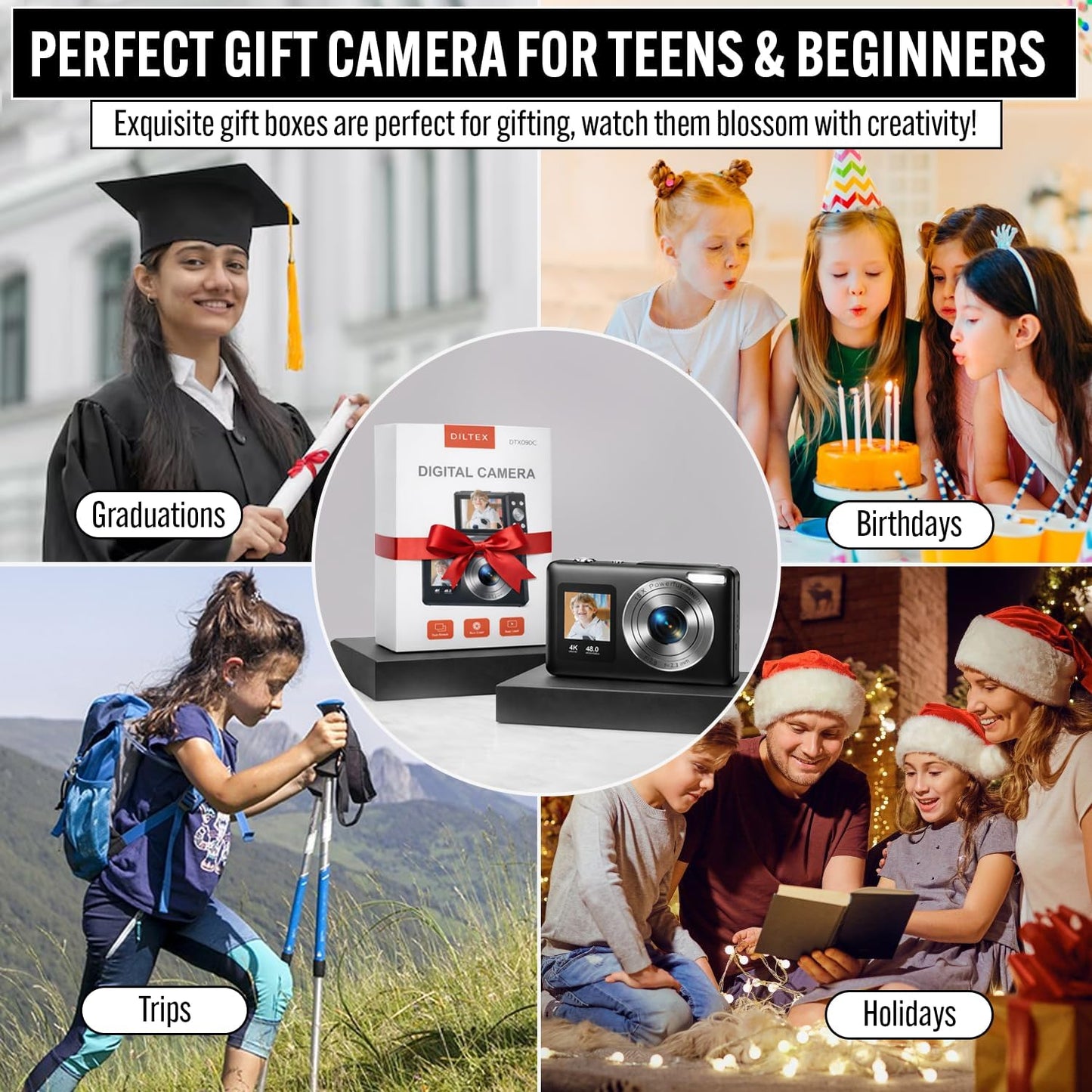 DILTEX 4K 48MP 18X 32GB Digital Camera for Teens with Autofocus and Dual Screen for Selfies Zoom, Built-In Fill Light