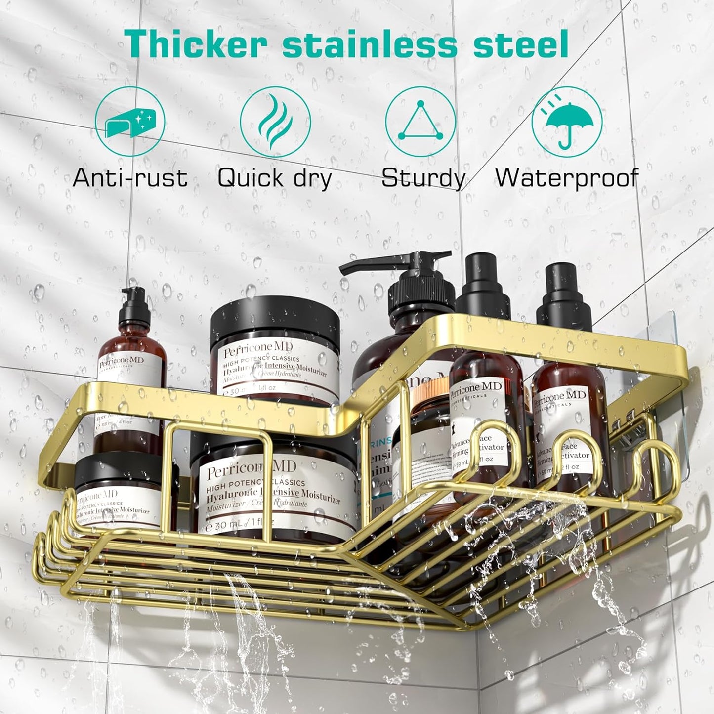 YASONIC Corner Shower Caddy - 3-Pack Adhesive Bathroom Organizer with Soap Holder & 12 Hooks | Rustproof Stainless Steel, Gold
