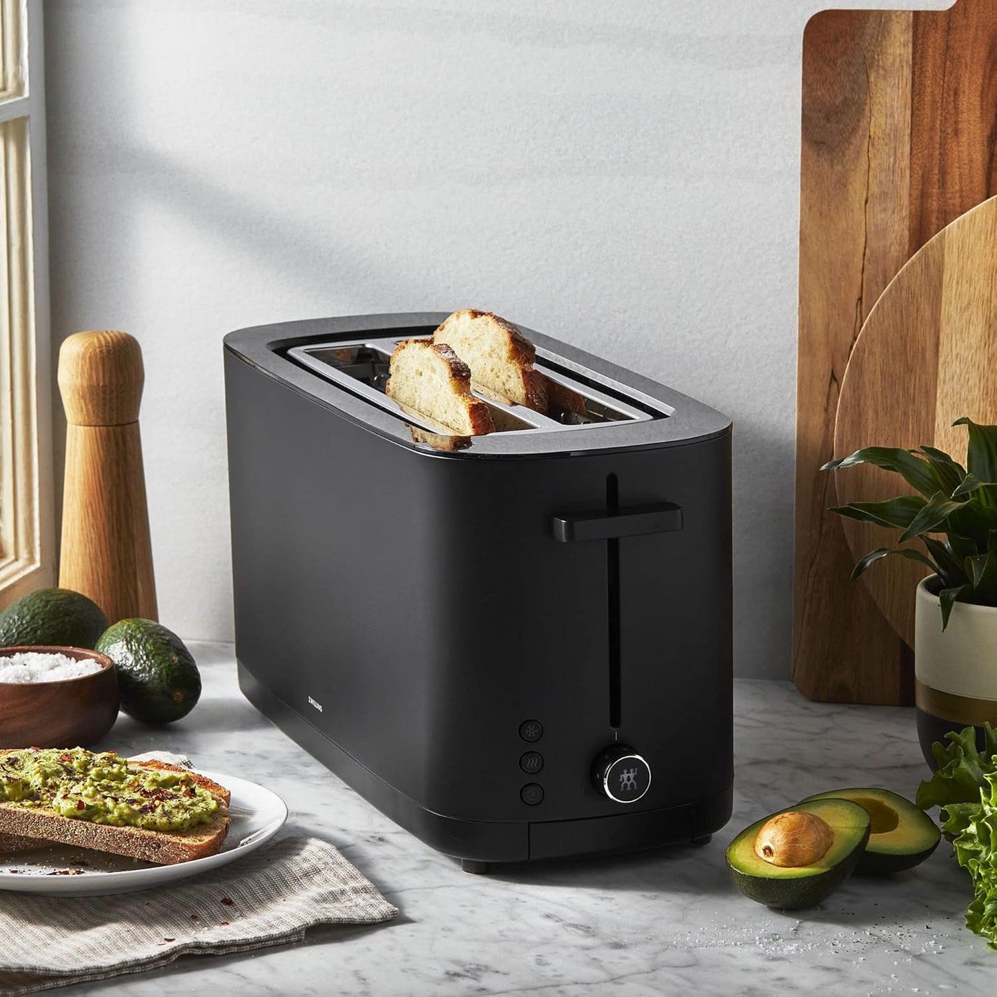ZWILLING Enfinigy 4-Slice Long Slot Toaster - Extra Wide 1.5" Slots for Bagels & Toast | Sleek Black Design