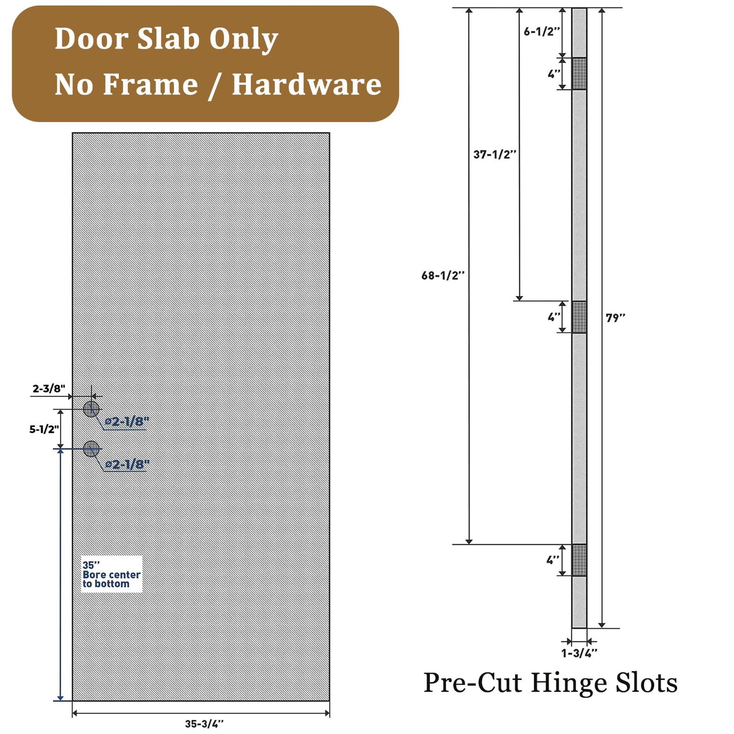36'' x 80'' Fiberglass Door Slab, Actual Size 35-3/4''x79'', Black Exterior Door Slab with Pre-Cut Hinge Mortises and Lockset Hole, Right-Hand Inswing/Outswing, Smooth Finish and 5 Lite Frost Glass