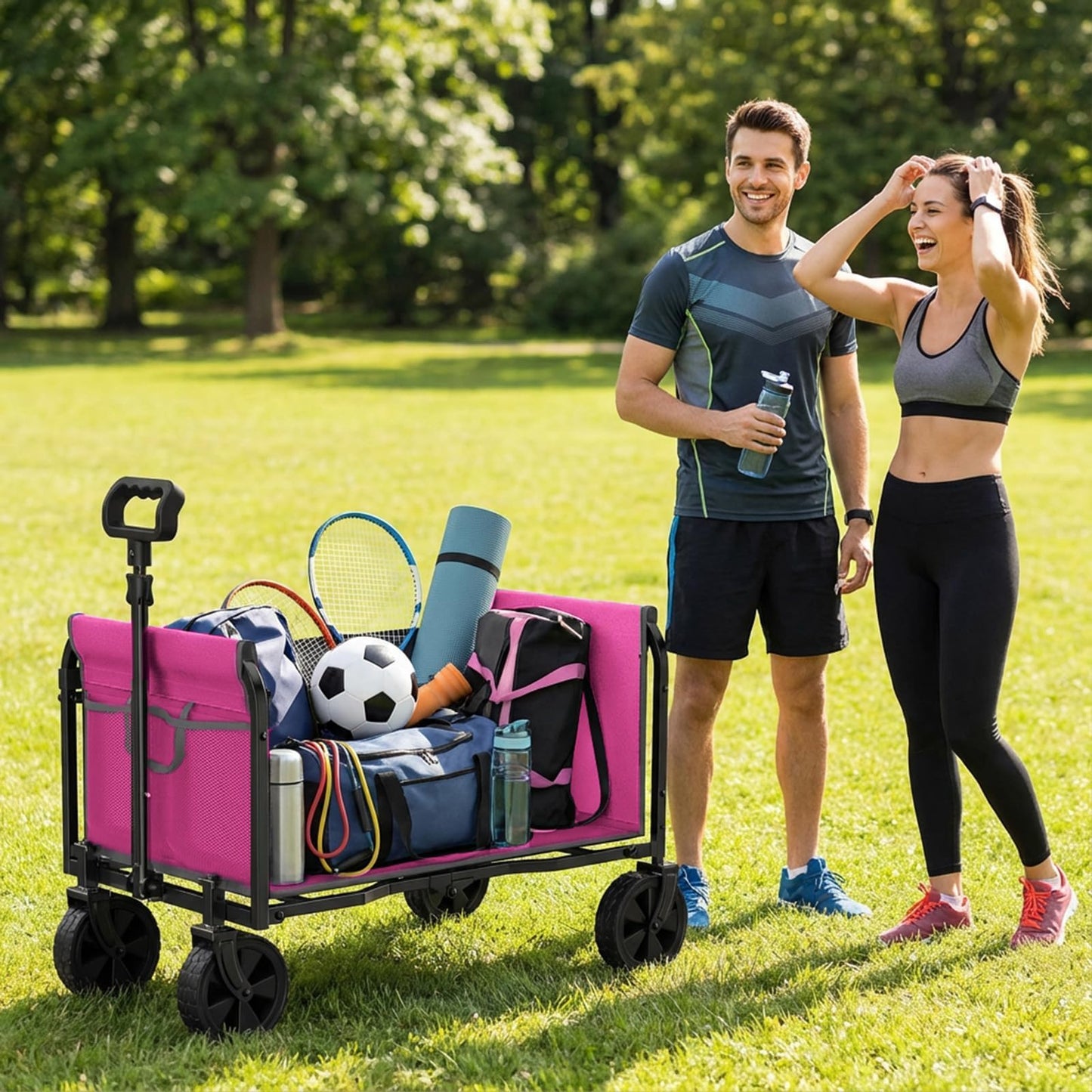 Holacamking Portable Collapsible Wagon Cart, Foldable Cart with Removable Side, Utility Groceries Wagon for Dogs Cats Camping Beach Shopping Sports Gardeing Fishing, Pink
