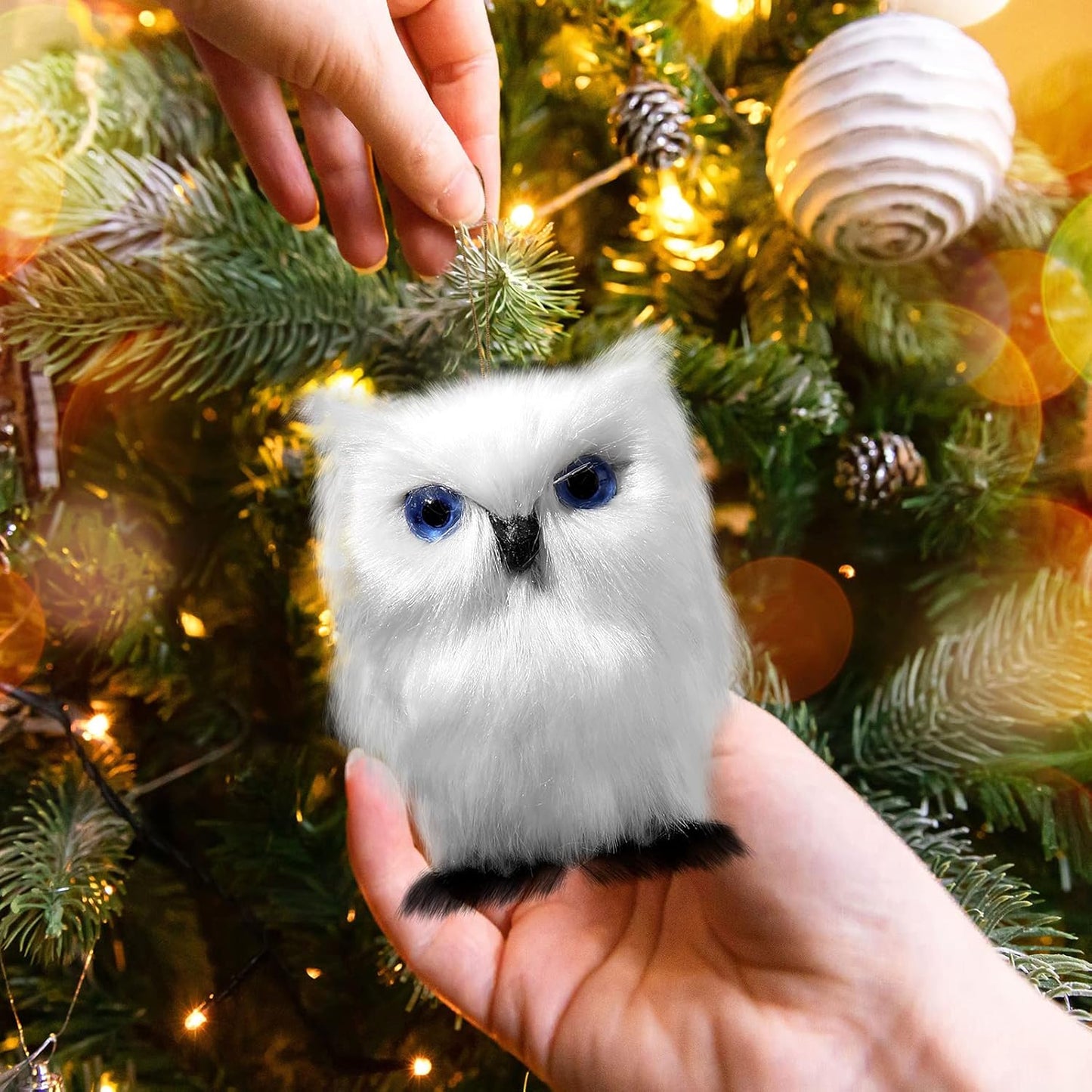 Sratte Christmas Owl Ornament - Cute Furry Hanging Decorations for Tree | 12 Pcs White Set